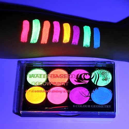 8 Neon UV-Active Makeup Palette, Glow-in-The-Dark Blacklight Body Art, Water-Based