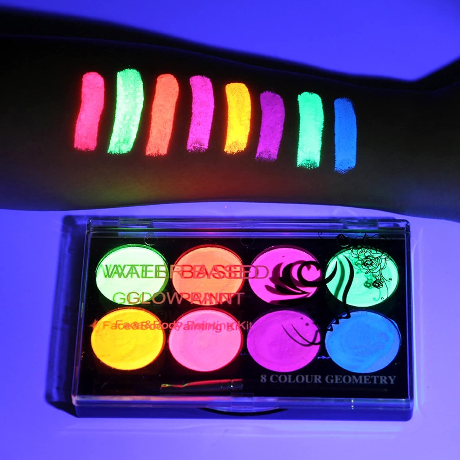 8 pinturas faciales de neón, pintura corporal con luz negra UV, paleta de kit de pintura facial fluorescente a base de agua, maquillaje delineador de ojos activado por agua, lavable para niños y