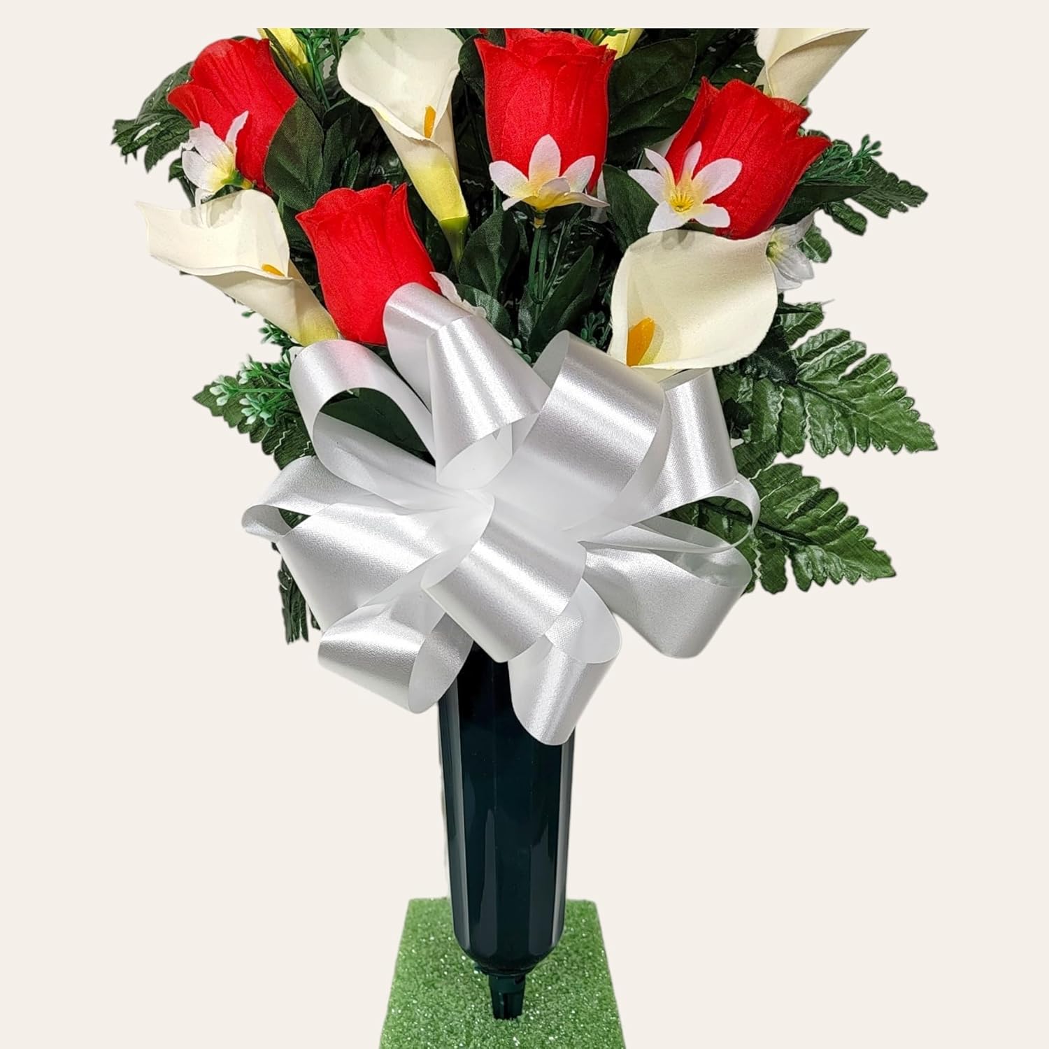 Cemetery Saddle and Cemetery Cone Pair Set - Red Rosebuds and Calla Lilies - Realistic Silk Faux Floral Artificial Grave Flowers - 3 Memorial Decoration for Headstone Decorating