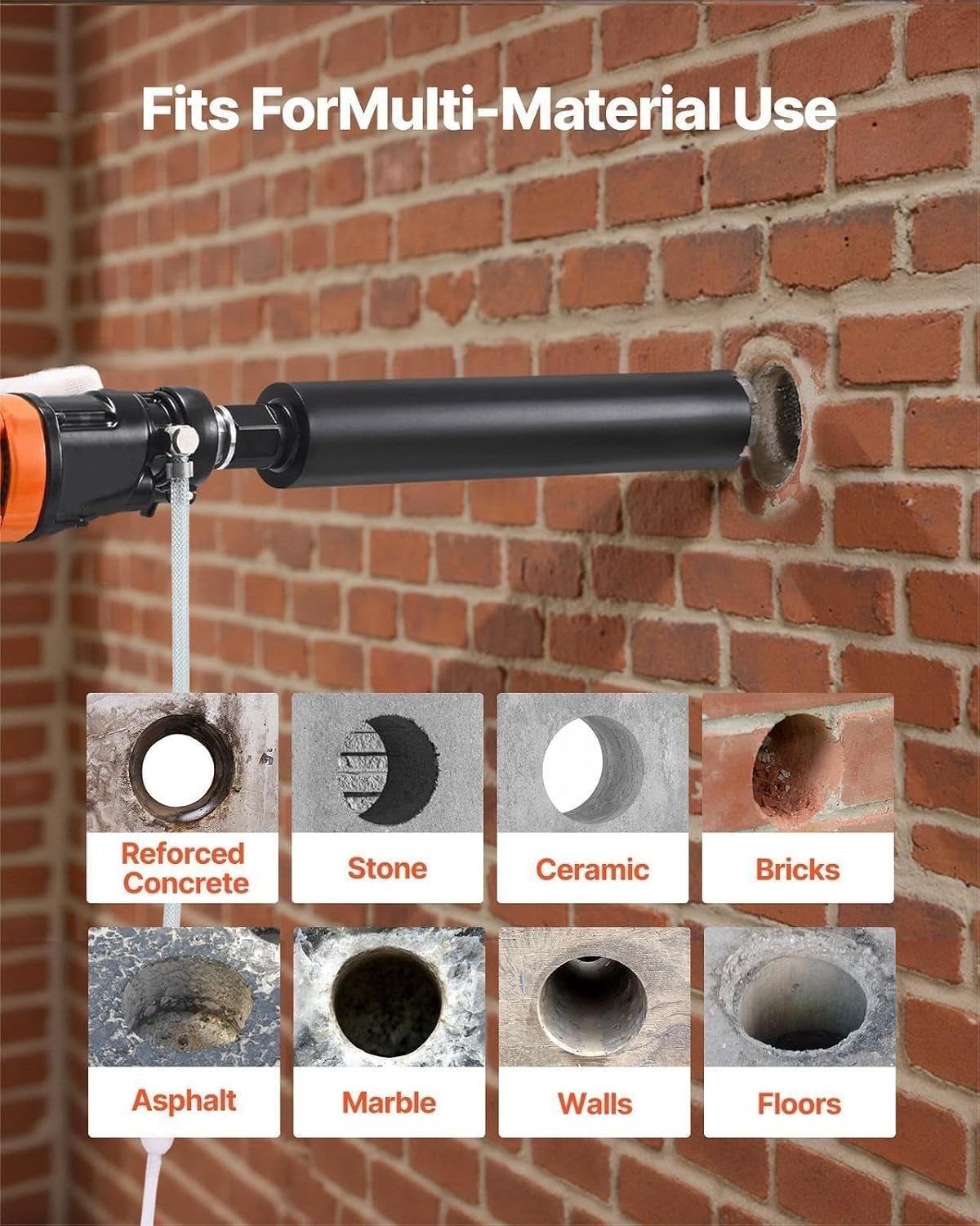 Diamond Core Drilling Machine, 8 in Drilling Diameter, Handheld Dry and Wet Concrete Core Drill Rig with 4 Drill Bits, 1075/2300 RPM 2-Speed, UNC1 1/4-7 Thread, for Concrete Brick Stone, 1800W