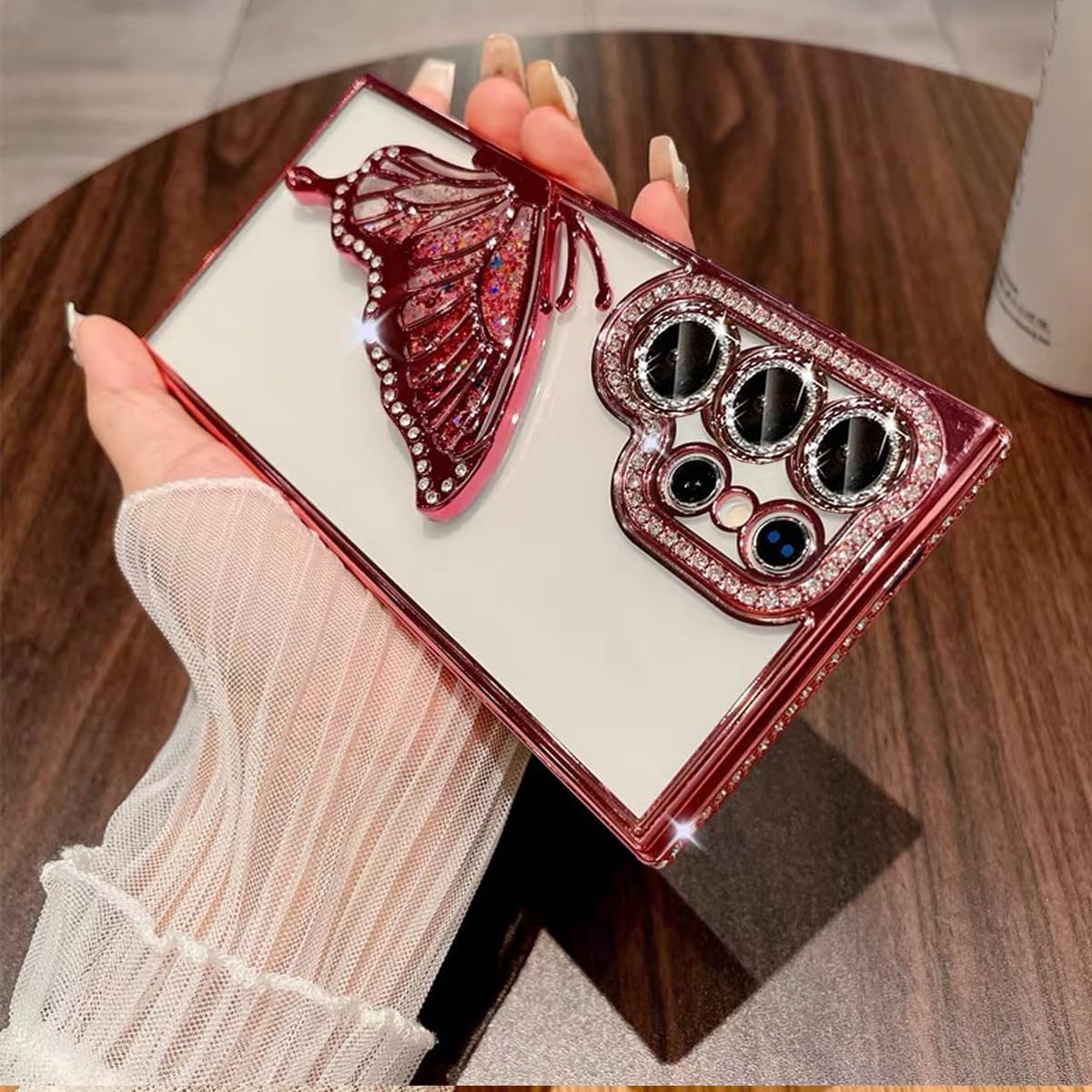 for Samsung Galaxy S25 Ultra Glitter 3D Butterfly Case,Cute Luxury Bling Sparkly Diamond Rhinestones Liquid Flowing Case with Camera Lens Protector Women Girls Cover for Galaxy S25 Ultra,Pink - Image 7