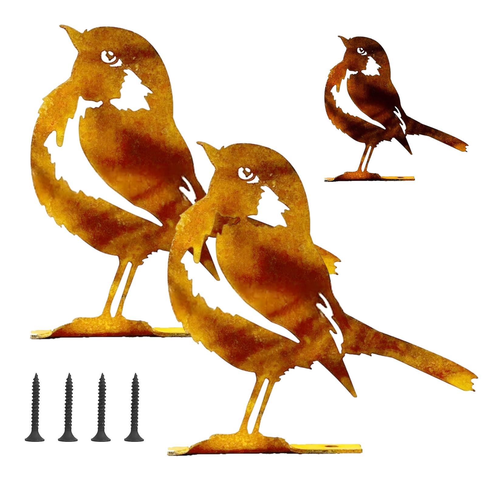 Hocklliy Brown 2 Pcs Rusty Metal Robin Garden Ornament With Screws, Lifelike Garden Ornaments Outdoor, Fence Topper Decoration For Yard Patio Lawn