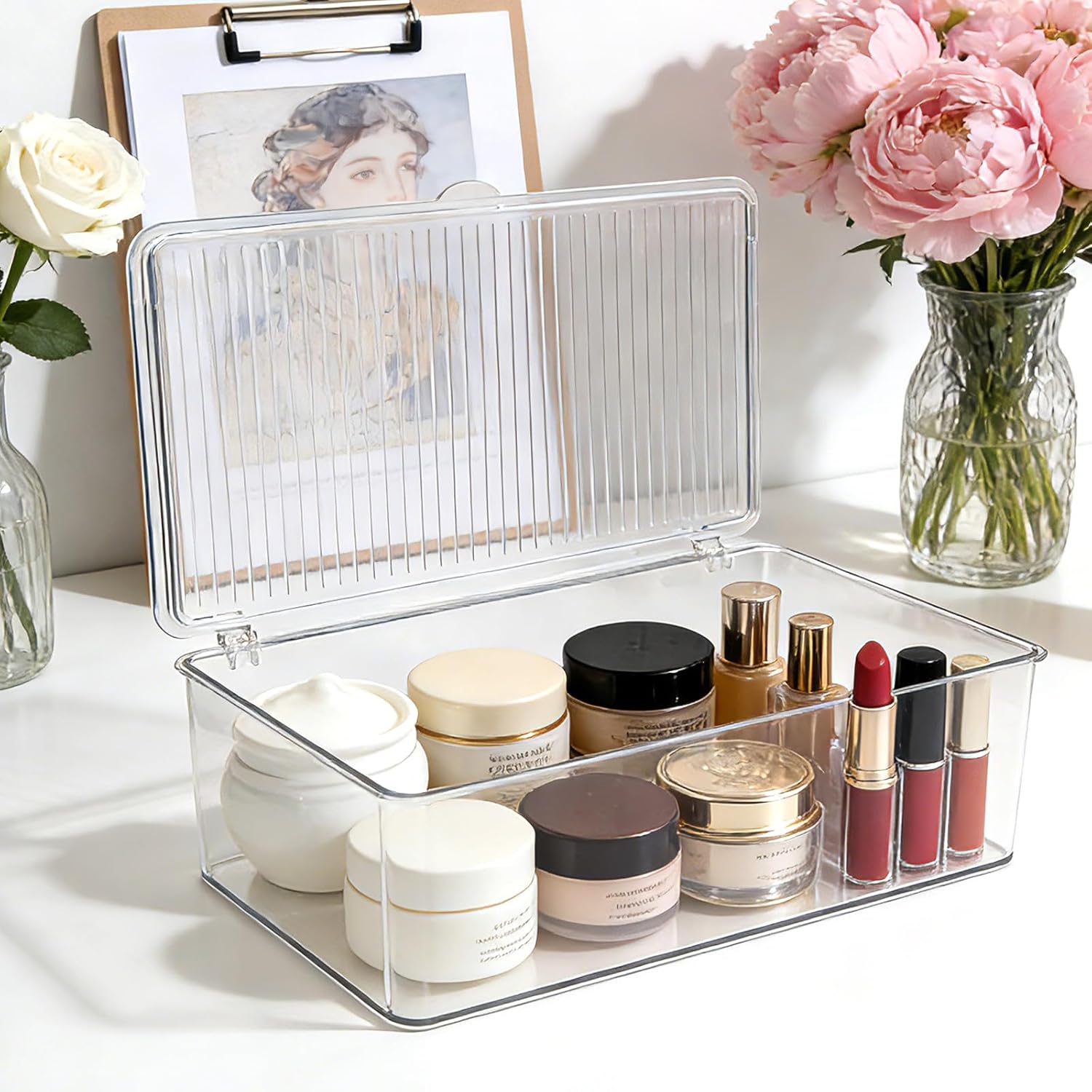 Set of 3 Small Stackable Storage Bins with Hinged Lid, Clear Acrylic Organizer Boxes for Makeup, Cosmetics, Home and Office Supplies Storage