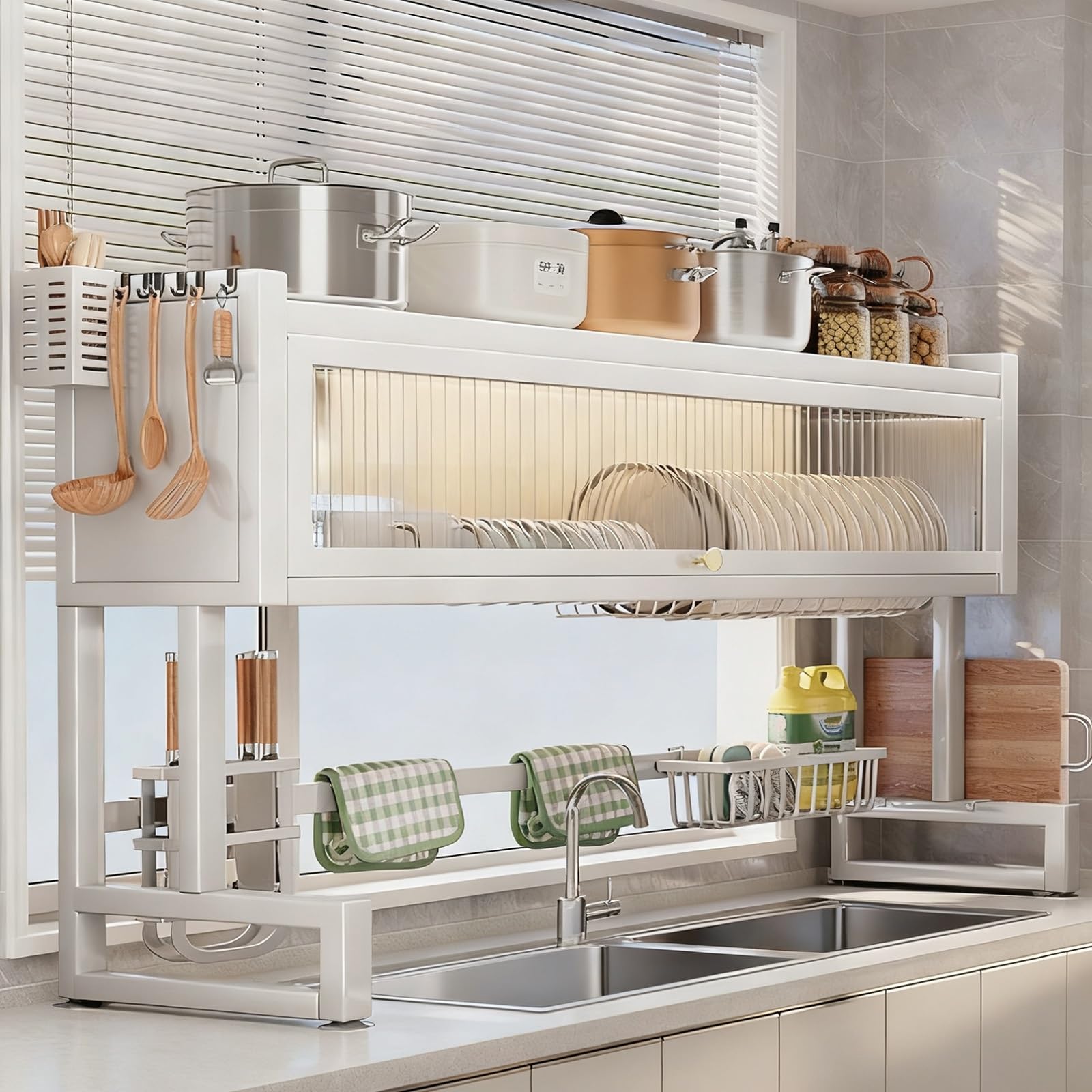 Escurridor de platos sobre el fregadero con cubierta y soportes de almacenamiento para encimera de cocina, se adapta a platos, vasos, cubiertos