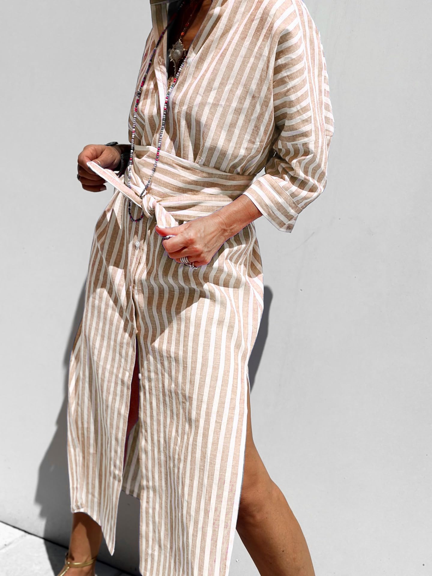 utcoco Maxikleid für Damen, 2026, lässiges Revers, 3/4-Ärmel, Knopfleiste, geteilter Gürtel, Urlaubskleid