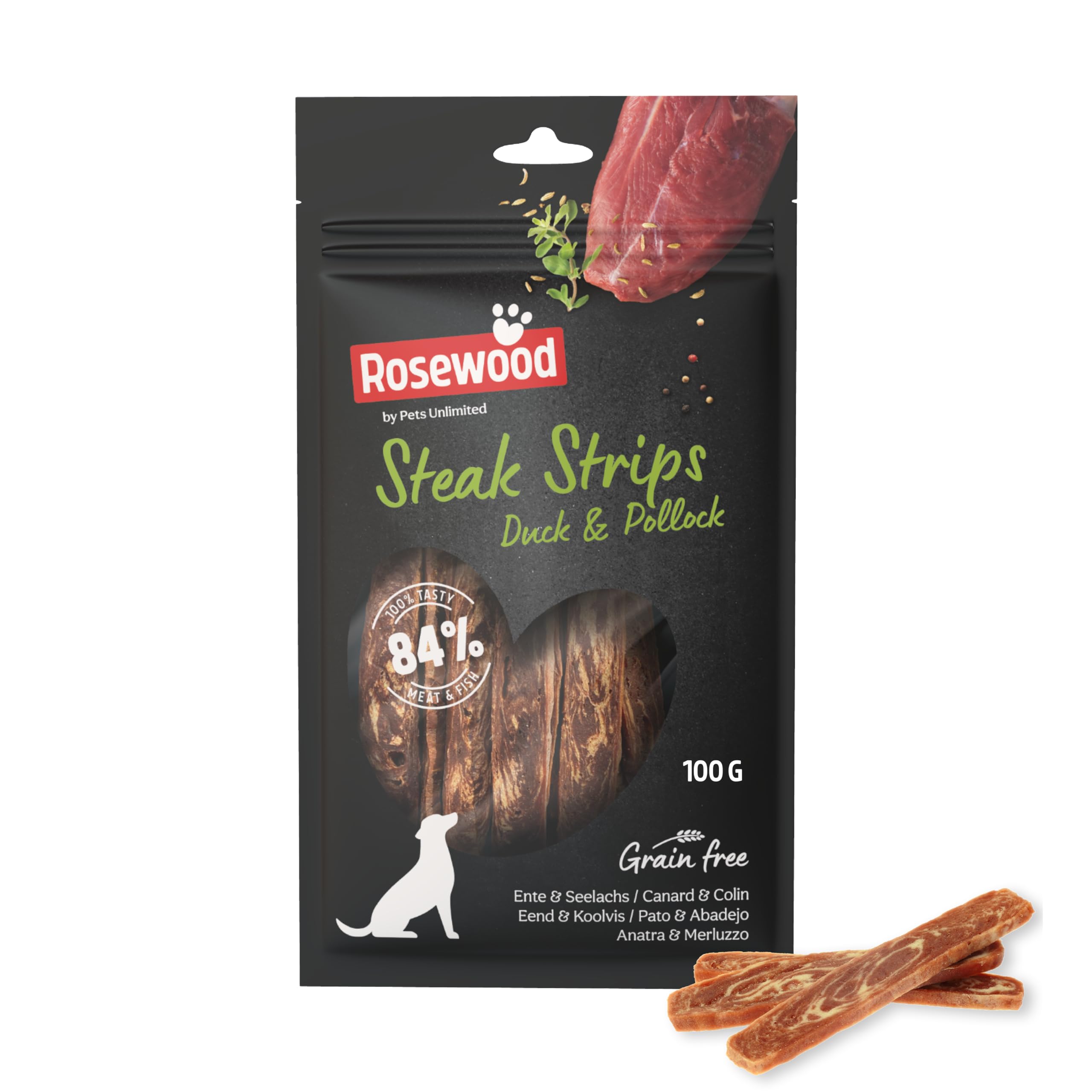 Rosewood Steak Strips Canard et Colin – Friandise Tendre pour Chien, Riche en Viande et Poisson, Faible en Graisses, sans céréales, sans additifs artificiels, 100 g