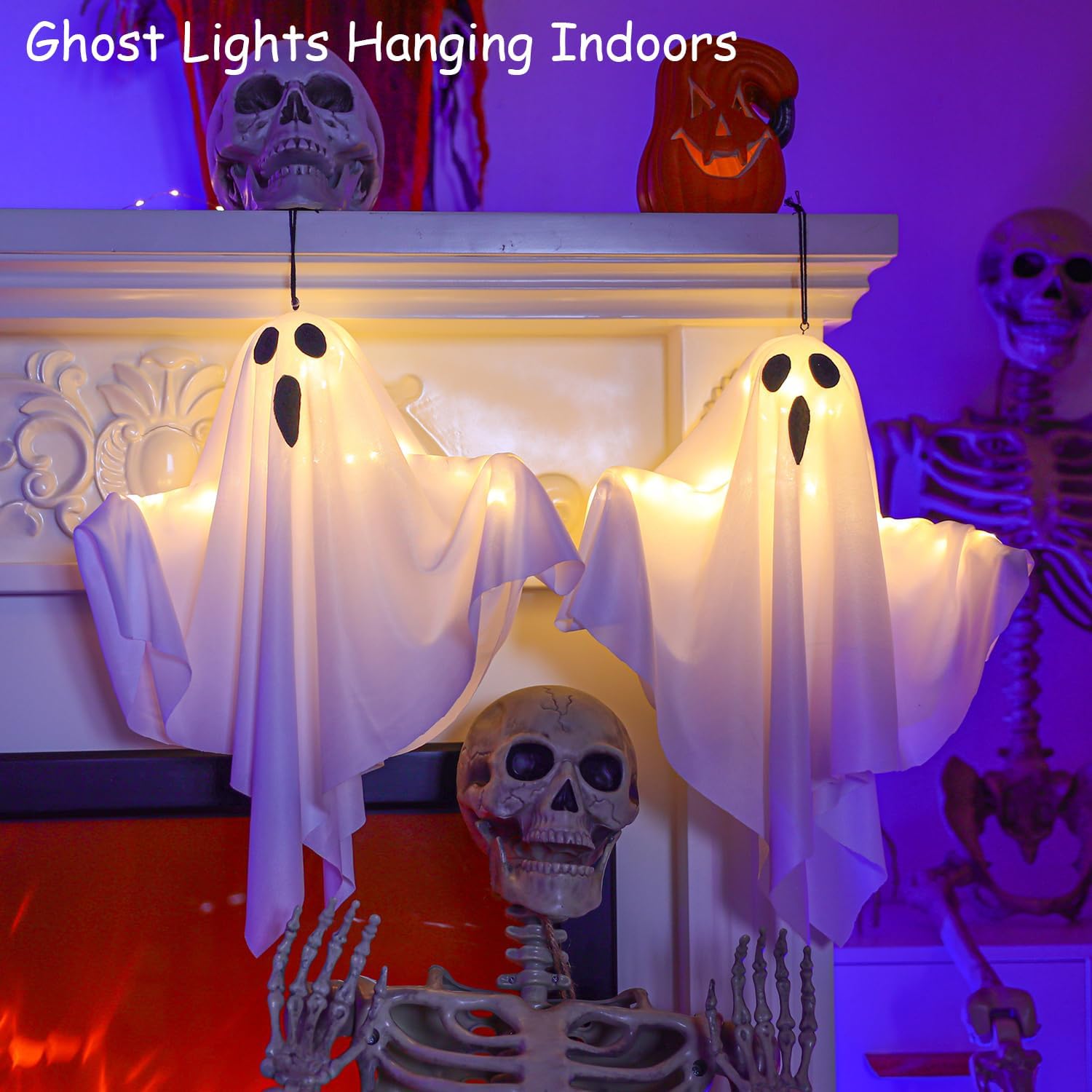 Halloween Decorations 19.6" Hanging Ghosts Light Up Kit Decor Warm LED Ghost Light Indoor Bedroom Wall Outdoor Fall Party Garden Patio Front Porch Yard Scary Cute Halloween Ghost Decor Gifts image 5