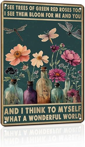 PEACHGARDEN Letreros de lata vintage con texto en inglés «What a Wonderful World», arte de pared de libélula, decoración de pared, regalos de