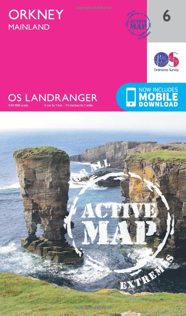 Ordnance Survey Landranger Active 6 Orkney Mainland Map With Digital Version Pink