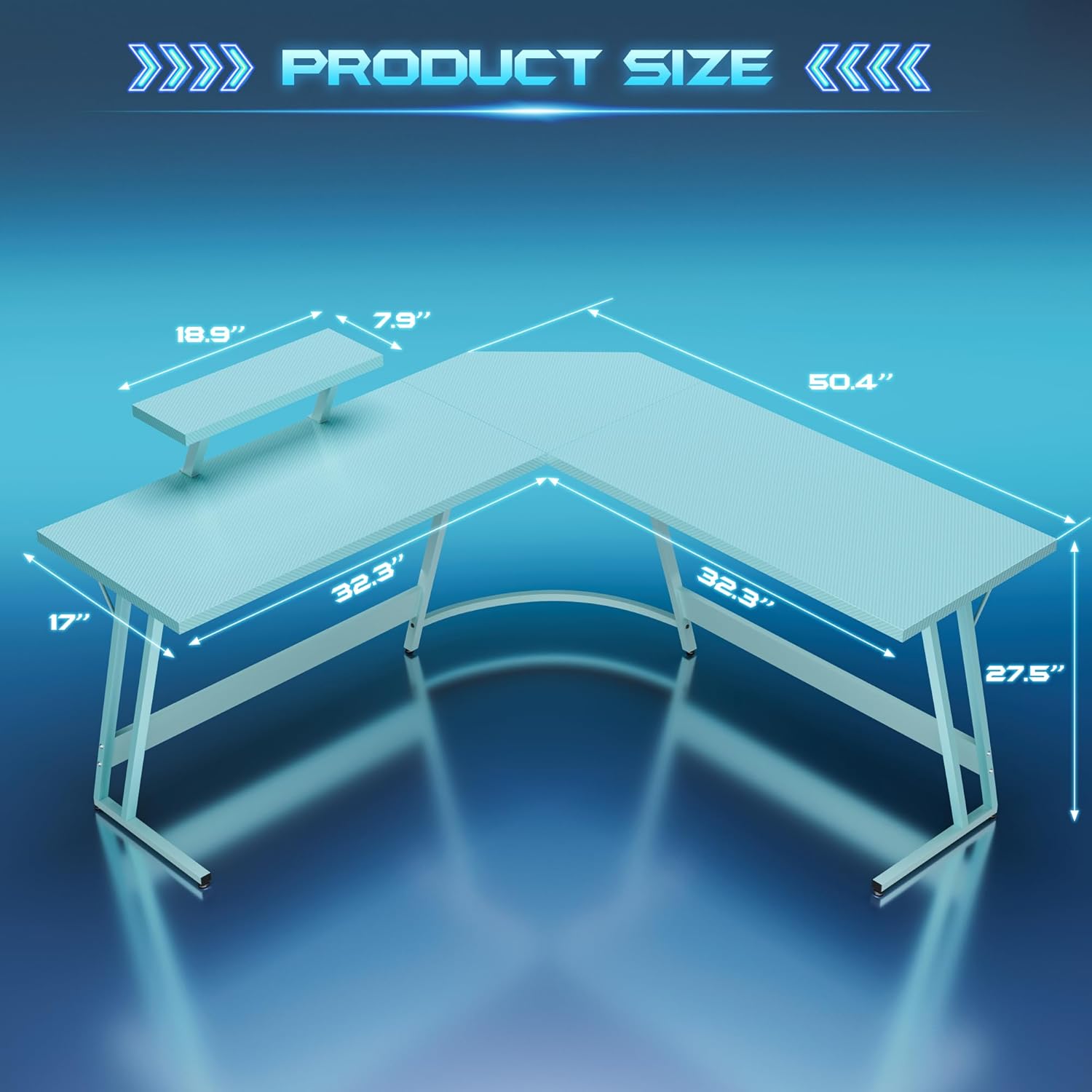 Diagram showing the product dimensions of the L-shaped desk, including lengths and heights.
