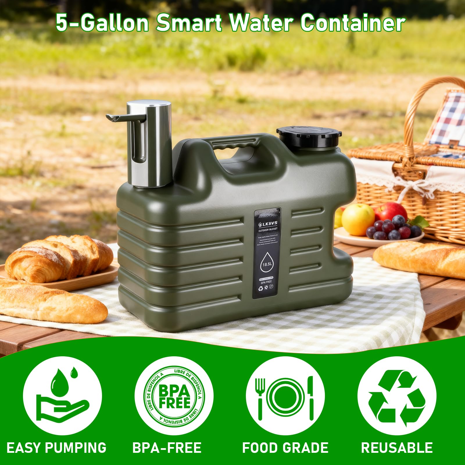 Bidón de agua de 18,5 L con grifo y bomba eléctrica para botellas de agua, depósito de agua para camping con asas, depósito de agua libre de BPA, portátil para exteriores, camping, cocina (verde)