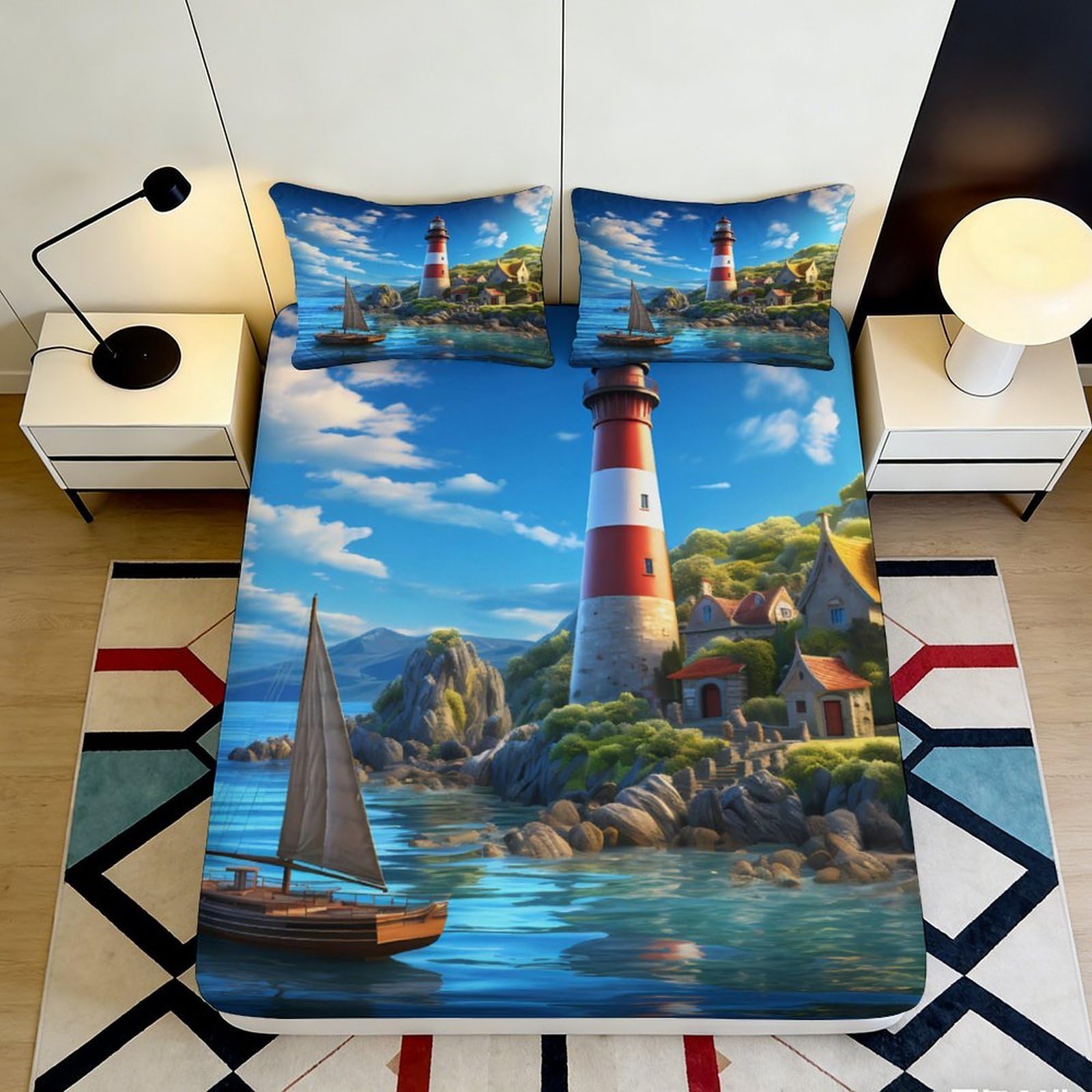Pnayamiorkfel Style-10 3D Printed Lighthouse Seaside Fitted Sheet Microfiber Soft Breathable Sailboat Bed Cover For Bedroom Guest Room Decor 118 Characters 90X200x25cm