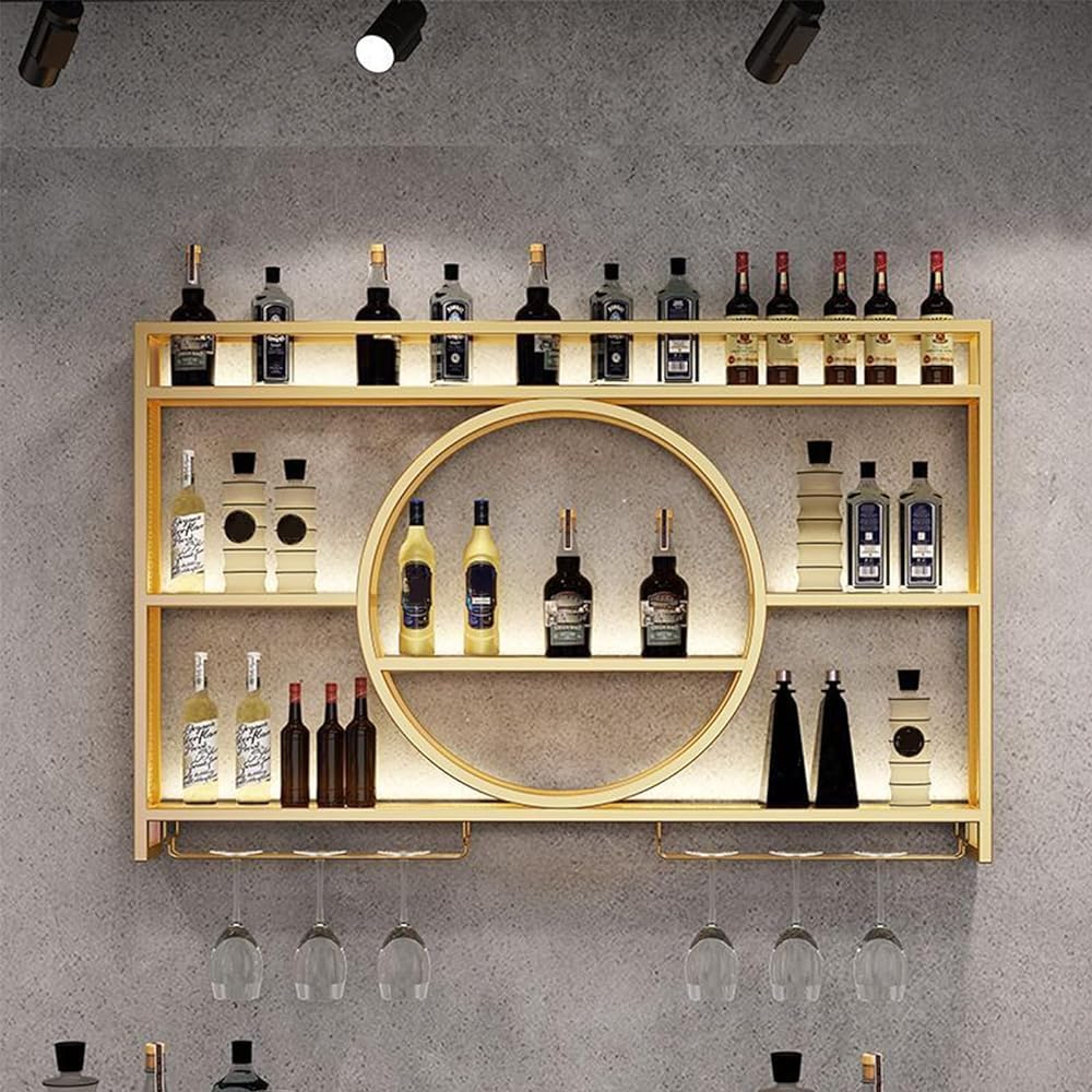 Étagère à vin murale 140 cm en métal noir avec support de verres suspendus