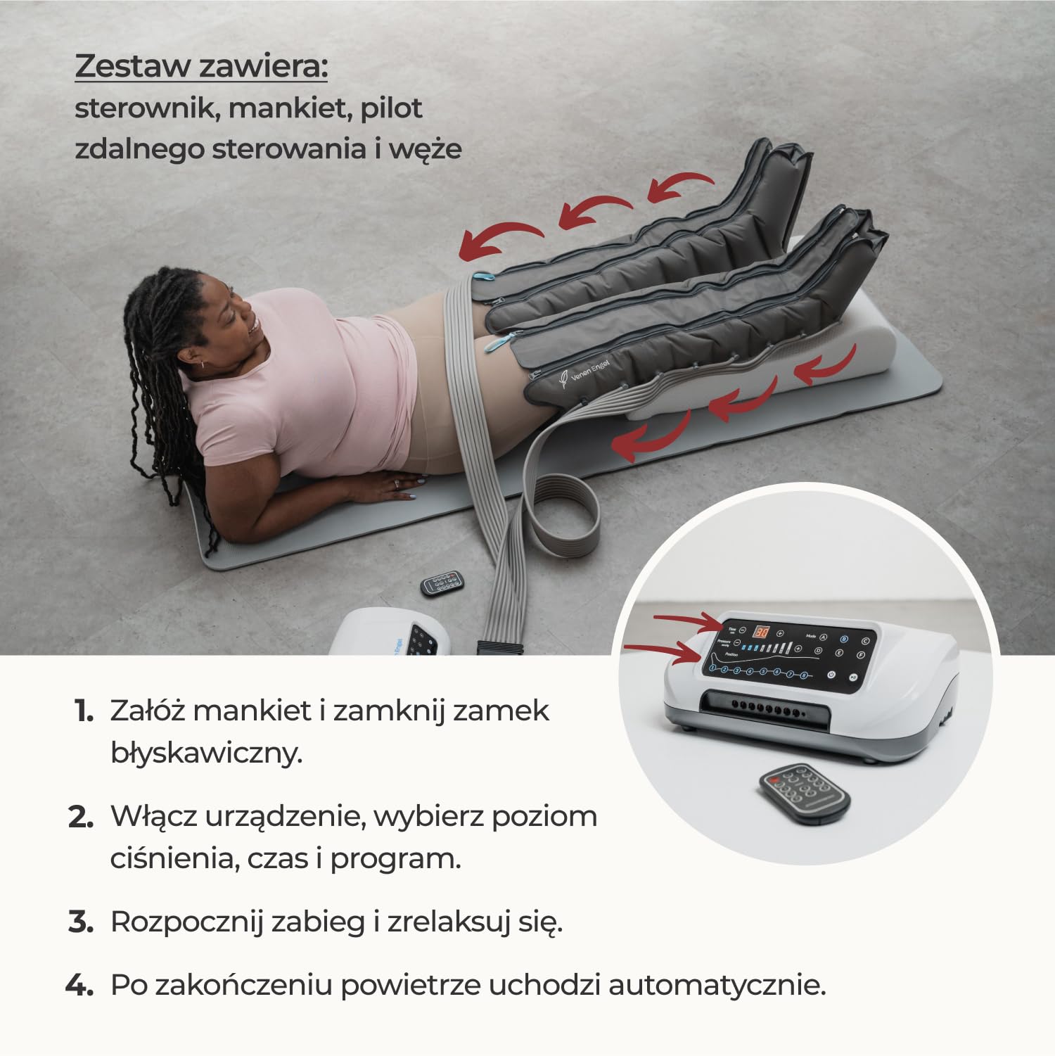 Venen Engel 8 Premium urządzenie do masażu nóg z mankietami, 8 komór powietrznych, 6 programów