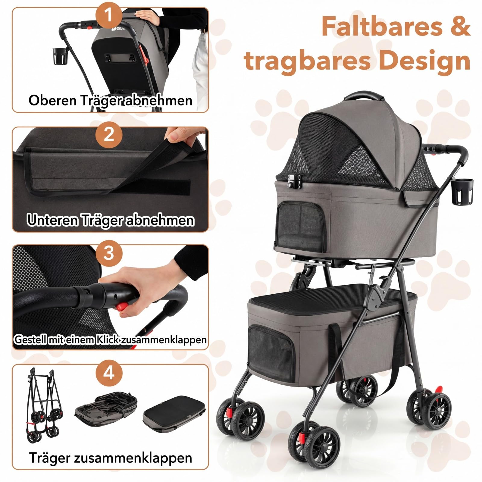 COSTWAY 3 in 1 Hundewagen klappbar, Hundebuggy 2 Etagen, Haustierwagen mit verstellbarem Vordach, Netzfenster & Taschen, Hundebox Transporttasche, Haustierbuggy für Katzen Hunde bis 15 kg (Grau)