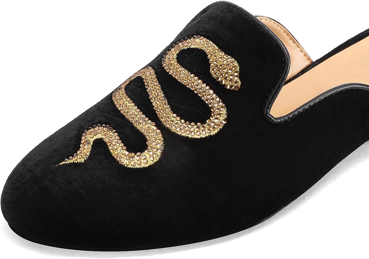 Round Toe Slip-On Mule Shoes for Women Elegant Rhinestone Velvet Low Heeled Flats with Snake Pattern and Gold-Plated Heel - Image 2