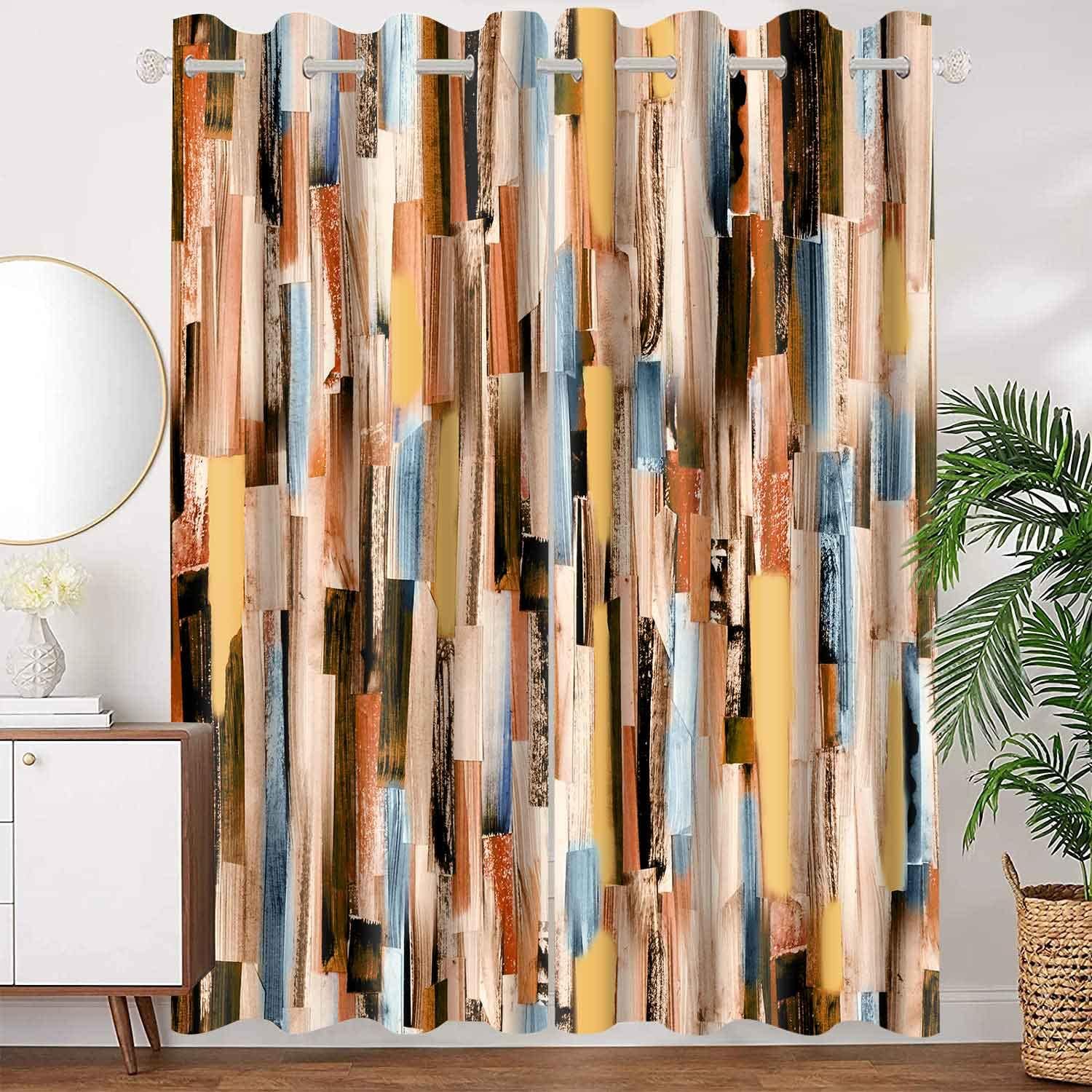 Striped Pattern Blackout Curtains Geometric Lines Mosaic Printed Window Drapes Modern Art Design Room Darkening Window Treatments for Bedroom Living Room Kitchen Brown Blue 42x84inch CLZYMS242