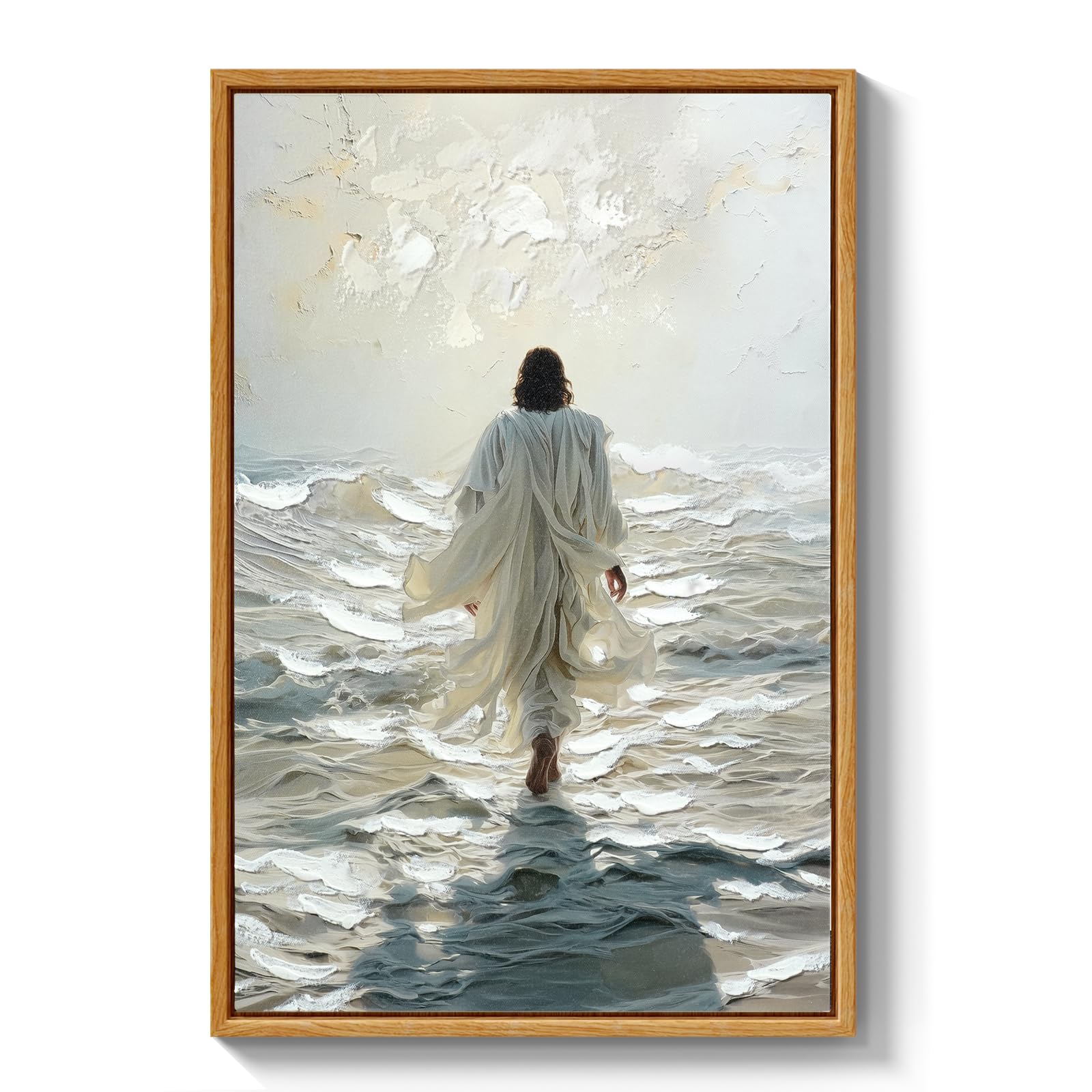 ARPEOTCY 3D Textured Large Framed Canvas Wall Art Prints, Abstract Hand-Painted Jesus Walking on Water Oil Painting, Christian Artwork Wall Decor for Living Room Bedroom Church, 16x24inch