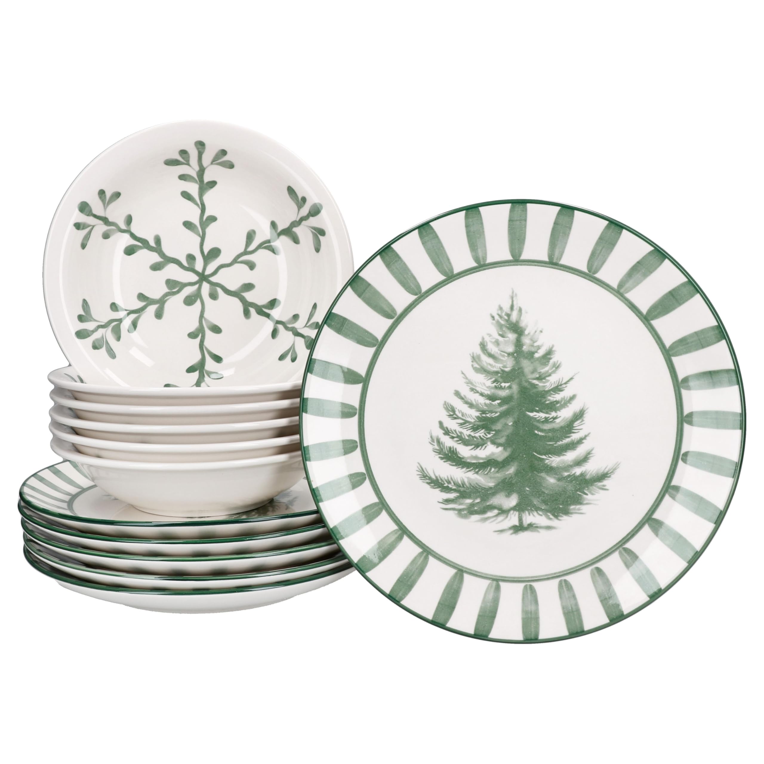 MamboCat Wald grün 12tlg Tafelservice I Steingut-Geschirr für 6 Personen Tanne & Zweigen I 6x flache Speiseteller & 6x tiefe Suppenteller 400ml