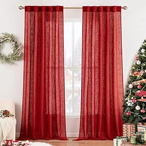 MIULEE Red Linen Curtains 90 Inch Long for Bedroom Living Room, Soft Thick Linen Textured Window Drapes Semi Sheer Light Filtering Rod Pocket Back Tab Christmas Burlap Look, 2 Panels