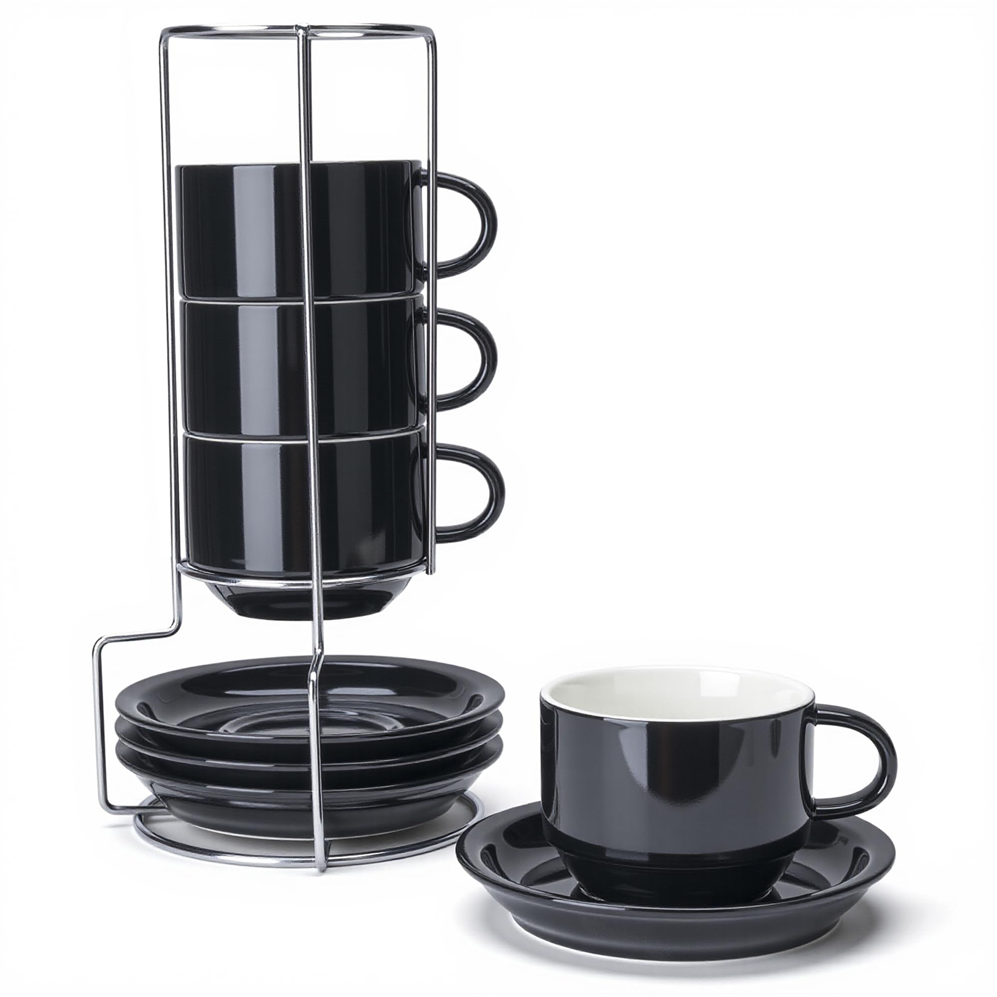 Sweese 8 Ounce Stackable Cappuccino Cups with Saucers and Metal Stand,Black