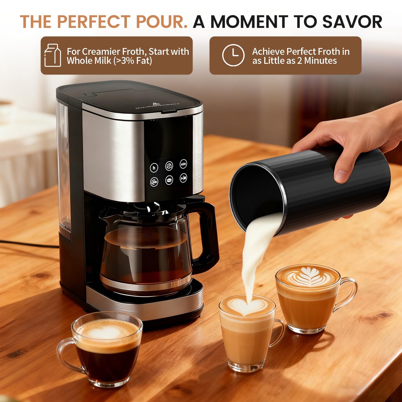 Elektryczny spieniacz do mleka, 6 w 1, automatyczny spieniacz do mleka i podgrzewacz do mleka do latte, cappuccino, macchiato, idealny do użytku domowego i biurowego, łatwy do czyszczenia, czarny