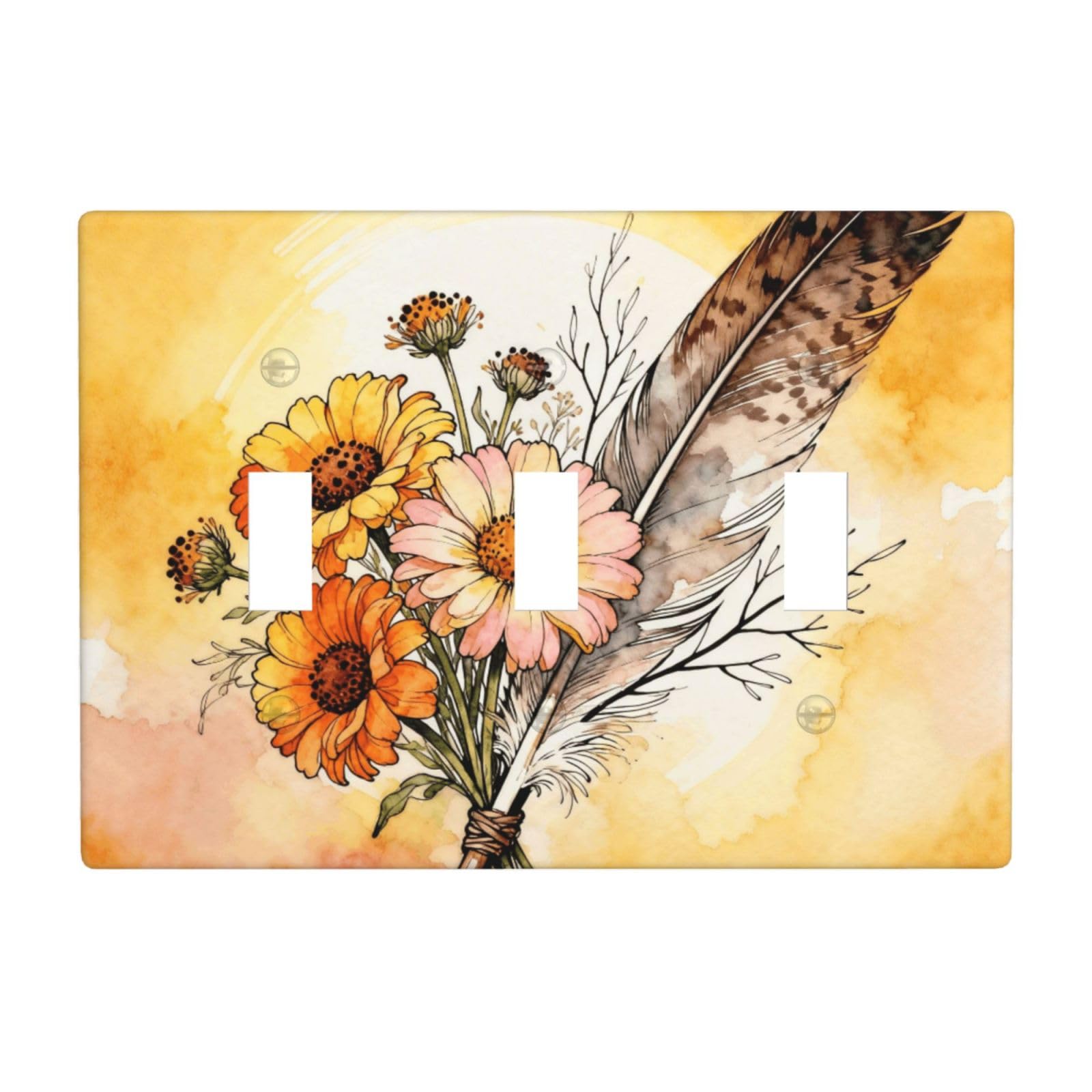 Flowers and Feathers 3 Gang Switch Plate Cover-Unbreakable Polycarbonate Wall Plate, Heat Resistant Toggle Switch Decor for Home