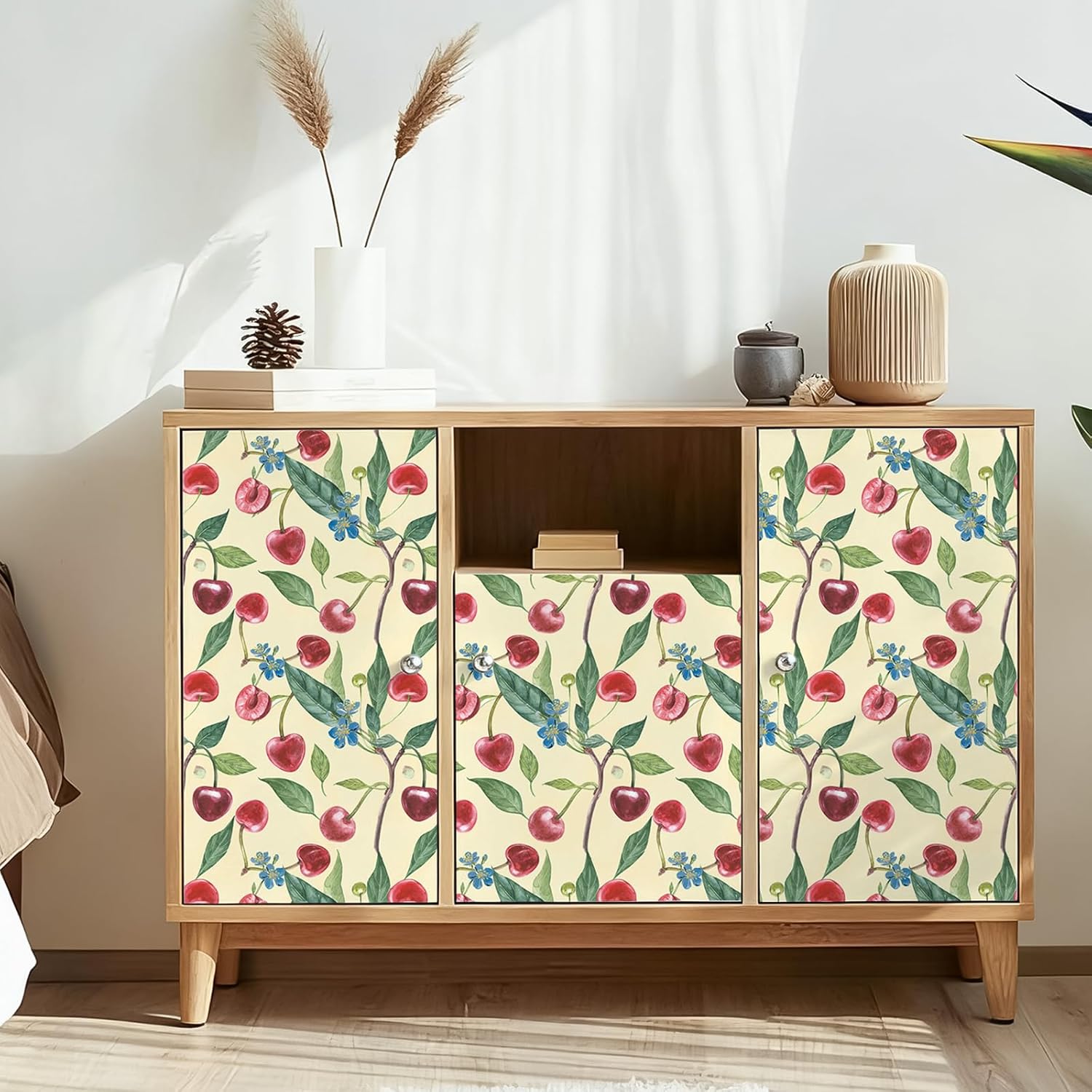 VEELIKE Cream Cherry Branches Wallpaper Peel and Stick Vintage Fruit Floral Wallpaper for Nursery Kitchen Bedroom 17.7''x354'' Self Adhesive Fruit Contact Paper for Cabinets Drawers Walls Removable