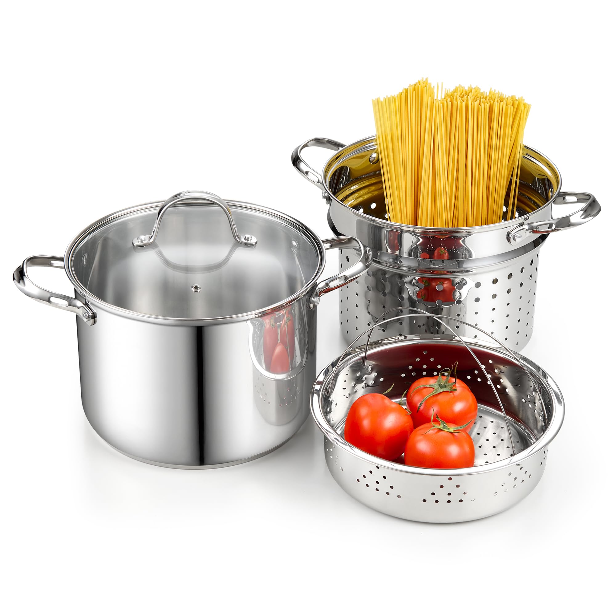 Cooks Standard 8 Quart Stainless Steel Pasta Pot Set, 4-Piece 18/10 Multipurpose Stock Pot with Strainer Basket & Steamer Insert, Spaghetti Cooker with Tempered Glass Lid, Induction Compatible