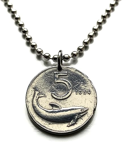 1953 Italy Italia 5 Lire coin pendant dolphin porpoise Rome Milan Florence Venice Verona Genoa Palermo Bologna Torino Napoli Cagliari San Gimignano