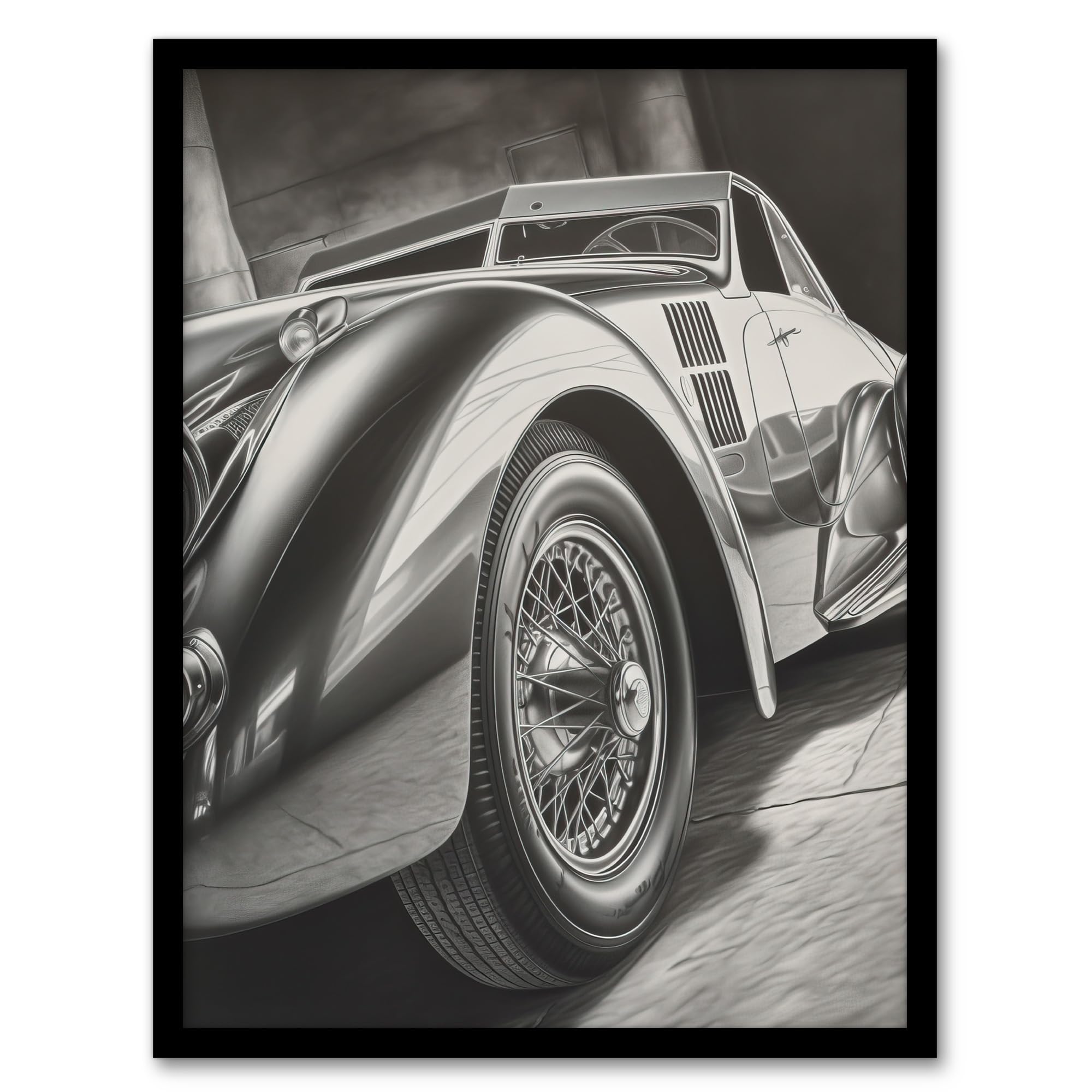 Artery8 Hyper Realism Pencil Drawing Sports Car Graphic Gift For Him Artwork Framed Wall Art Print A4