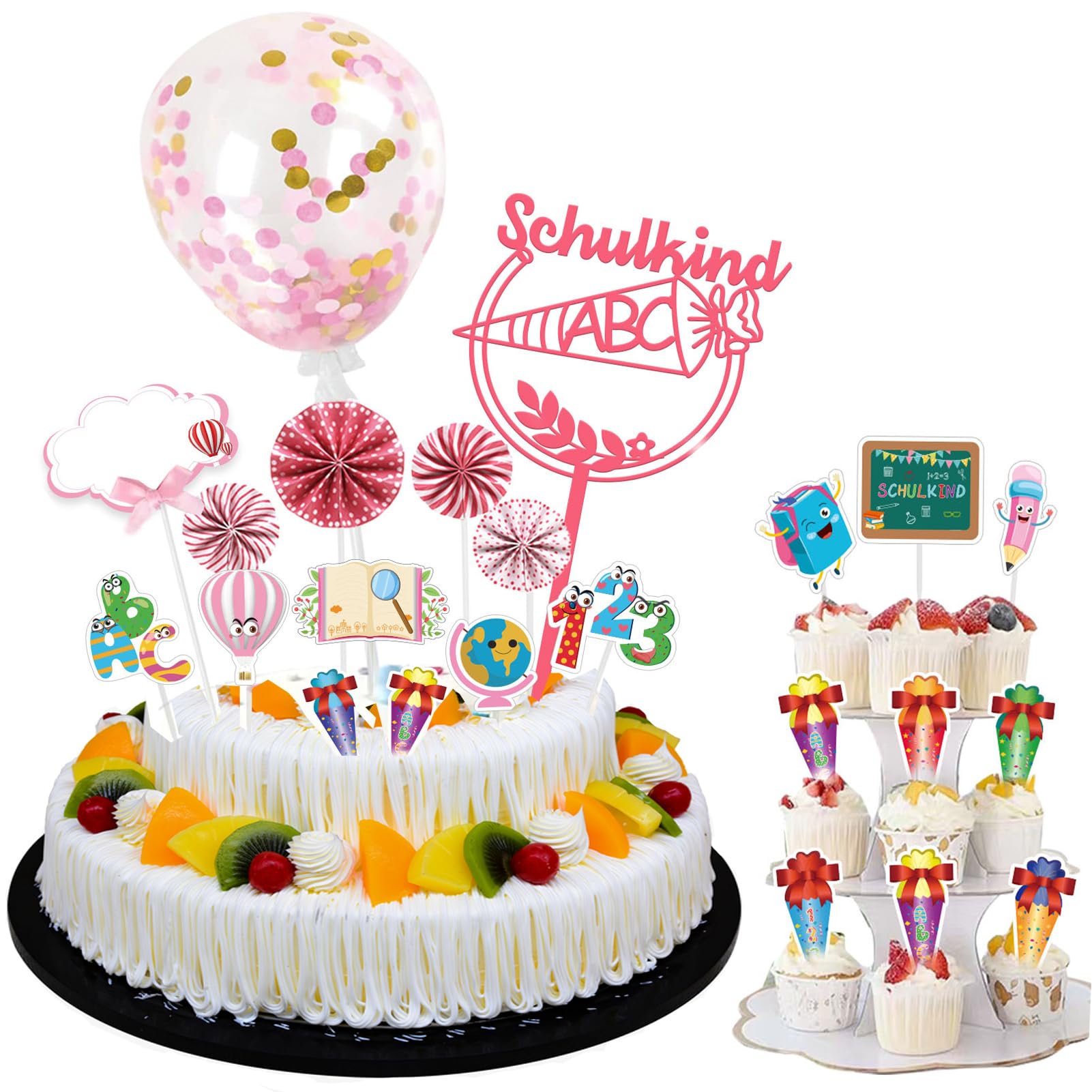XINCHEN 30 x First Day of School Cake Toppers, Cupcake Toppers, Cake Decorations, School Party Decoration, for Boys and Girls, First Day of School Party Decoration (Pink)