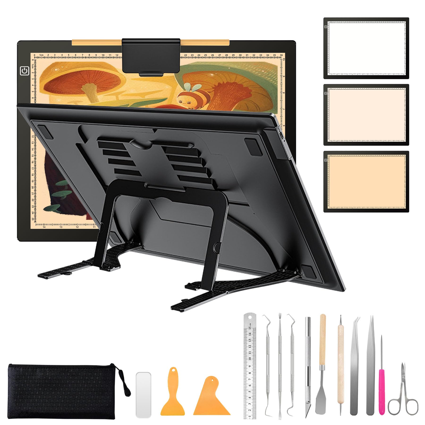 A3 Rechargeable LED Light Pad for Tracing with Weeding Vinyl Set, Light Box with Stand and Top Magnetic Clip 3 Colors Stepless Dimmable Brightness Light Board for Diamond Painting Weeding Vinyl