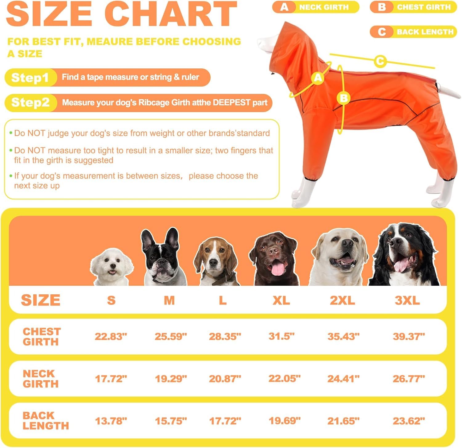 Impermeabile per cani con cappuccio rimovibile, poncho a 4 zampe con catarifrangenti e apertura in lino, giacca antivento per animali domestici per pioggia e neve (arancione, XL)
