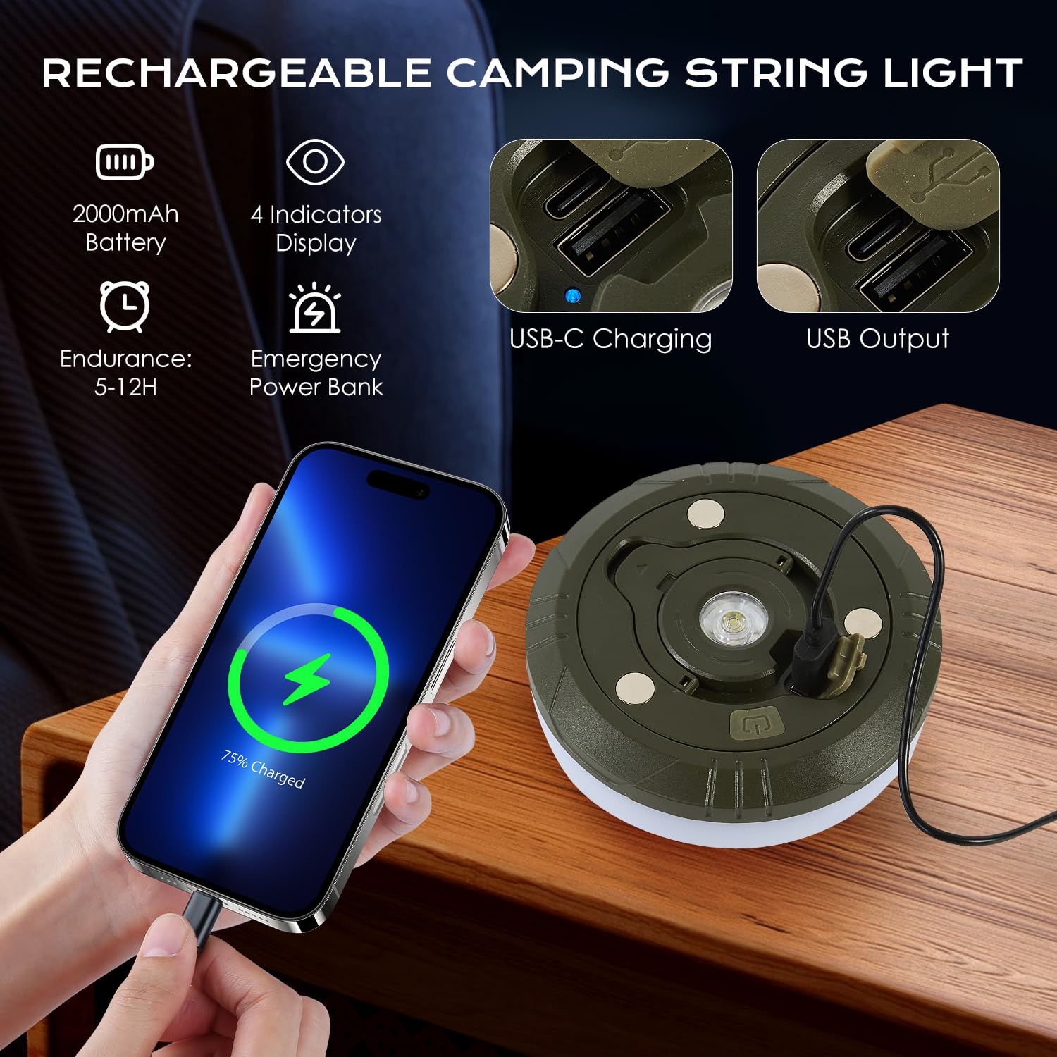 Catena luminosa da campeggio - 10 metri - Impermeabile IP44 - Retrattile - Ricaricabile - Bianco caldo Catena luminosa da esterno - Luci - Catena luminosa - Lampada da campeggio - Luce da tenda