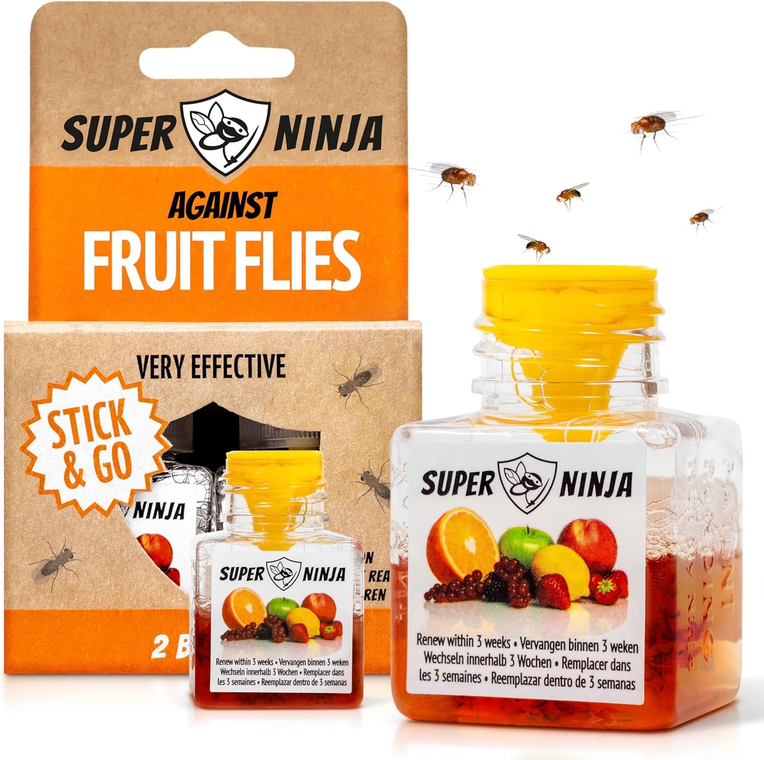 Super Ninja Fruit Fly Trap - 2 pack, Highly Effective Fruit Fly Killer for  Home & Kitchen, Up to 3 Weeks of Performance per Bottle, Child & Pet  Friendly : Amazon.ie: Garden