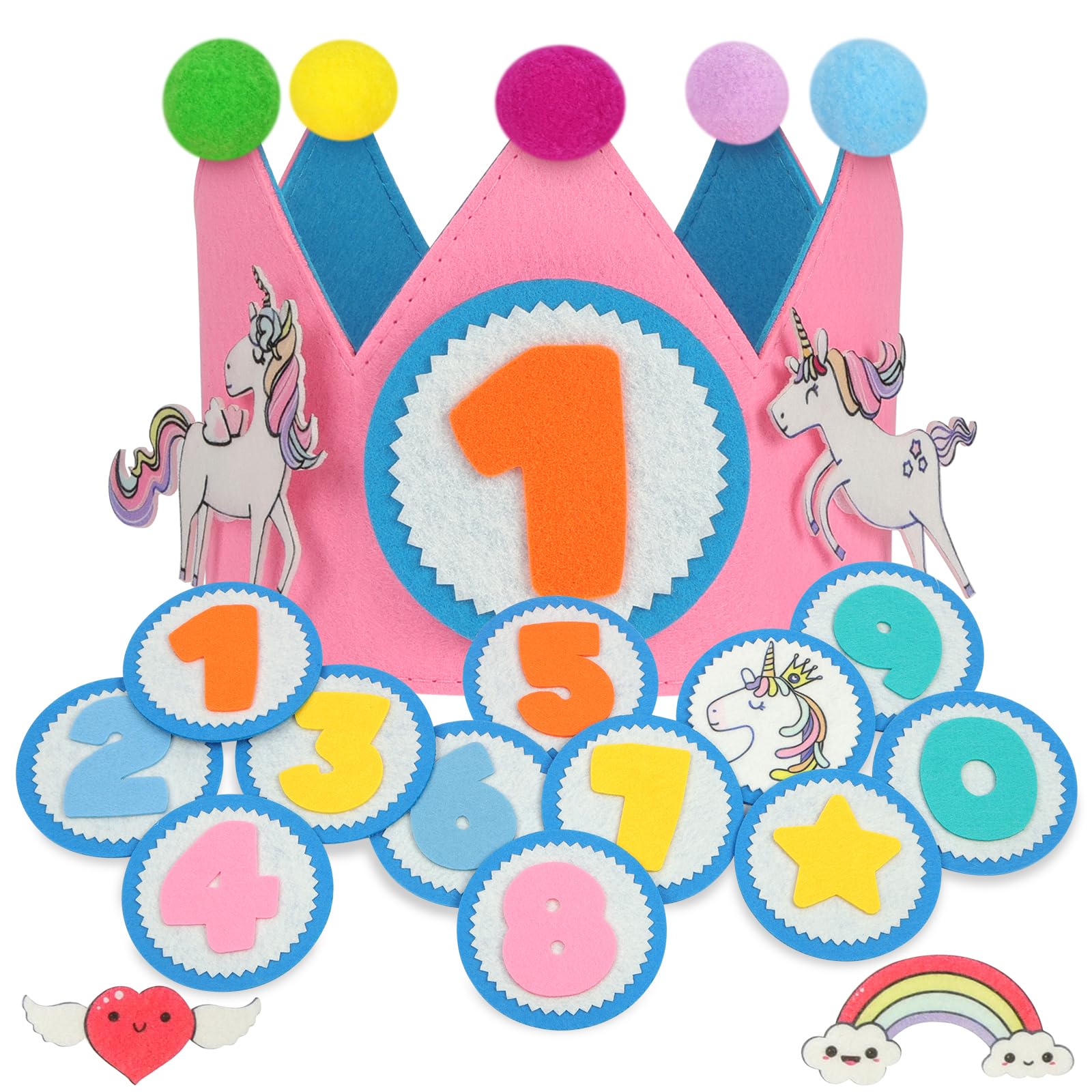 URAQT Birthday Crown for Kids, Reusable Party Hat Crown with Interchangeable Number from 0 to 9 and Unicorn Felt, Felt Happy Birthday Hat, Pom-pom Crown Headbands Gifts for Boys Girls, Pink — image 1