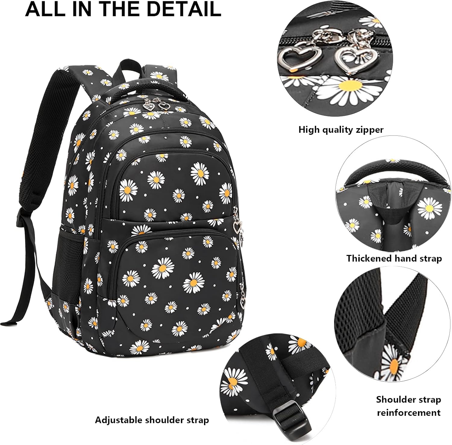 goldwheat Daisy Printed Backpacks With Lunch Pack Pencil Case 3pcs, Lightweight Water Resistant Bookbag For Middle School - Image 3