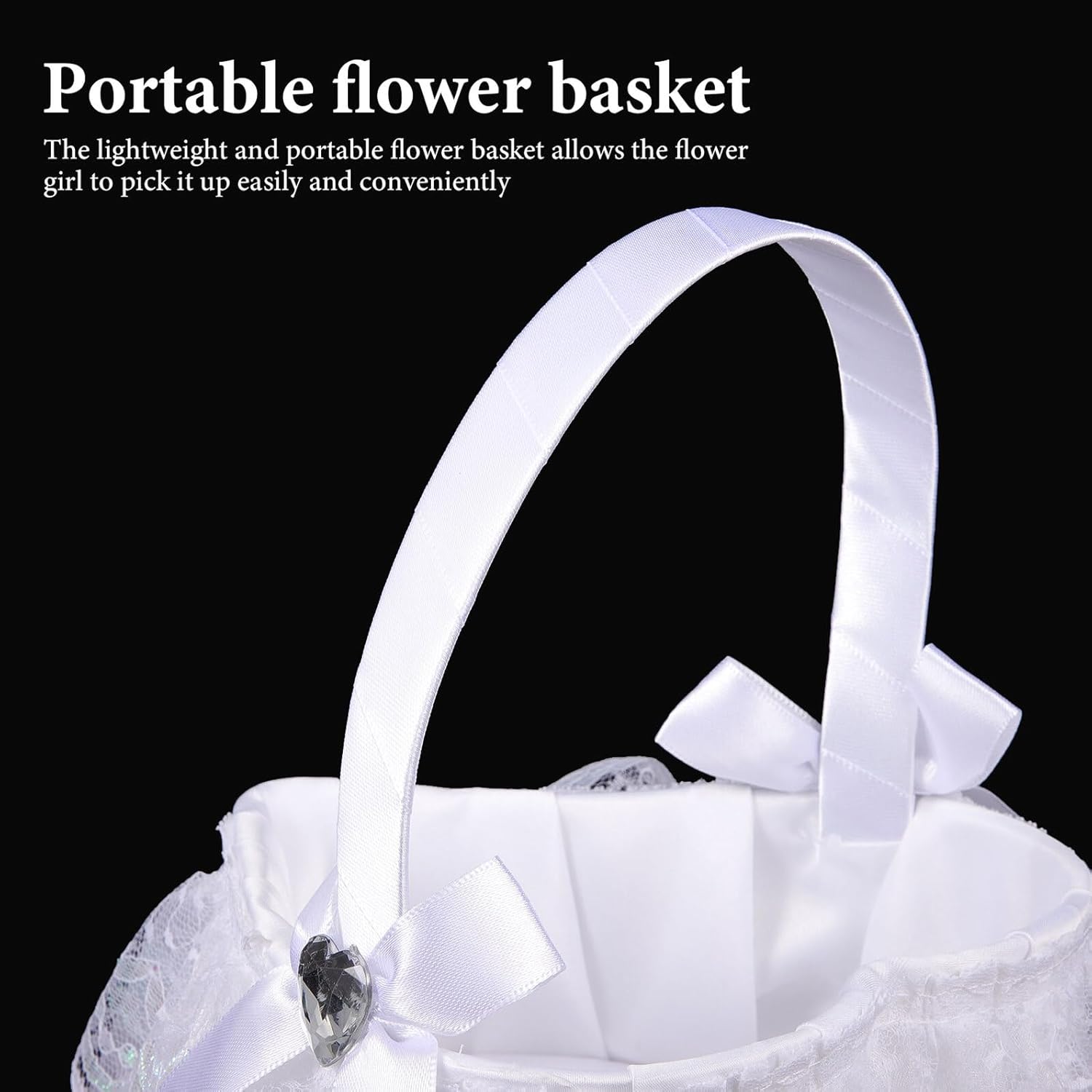 Wedding Flower Petal Basket with Handle, White Lace Heart-shaped Flower Girl Basket for Wedding Ceremony and Party Supplies