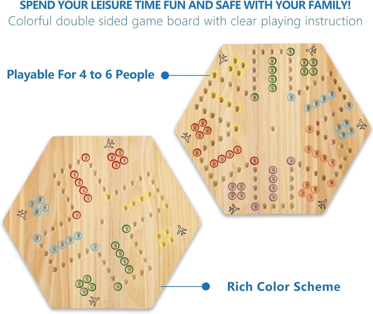 Original Marble Game Wahoo Board Game Double Sided Painted Wooden Fast Track Board Game for Friends and Party 6 and 4 Players 6 Colors 24 Marbles 6 Dice