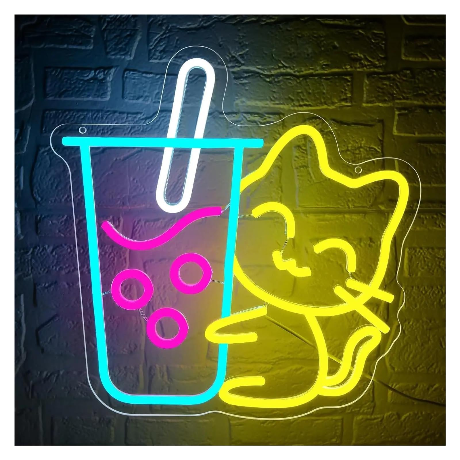 Wiszące neony artystyczne Neonowa Tablica Z Napisem "Cat Boba Tea" Z Możliwością Przyciemniania, Do Kawiarni, Baru, Restauracji I Deserów, 37x38,5 Cm