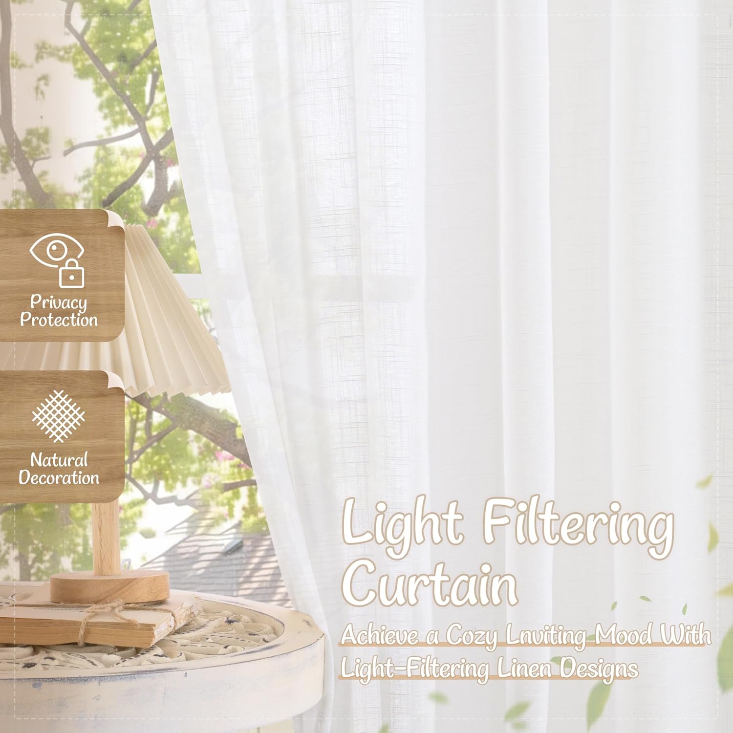 LAMIT White Linen Sheer Curtains 96 Inches Long 2 Panels Set, Long Light Filtering Floor to Ceiling Drapes Back Tab and Rod Pocket Sliding Glass Door Panels for Living Room/Bedroom, 52 x 96 Inch