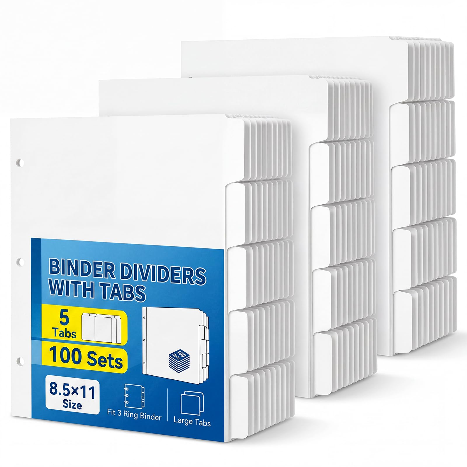 Chuangdi Ordner-Trennblätter mit Registerkarten für 3-Ringbinder, Briefgröße 21,6 x 27,9 cm, weißes Papier, blanko, mit 5 Registern, 100 Sets für Schule, Büro und Zuhause, 500 Trennblätter