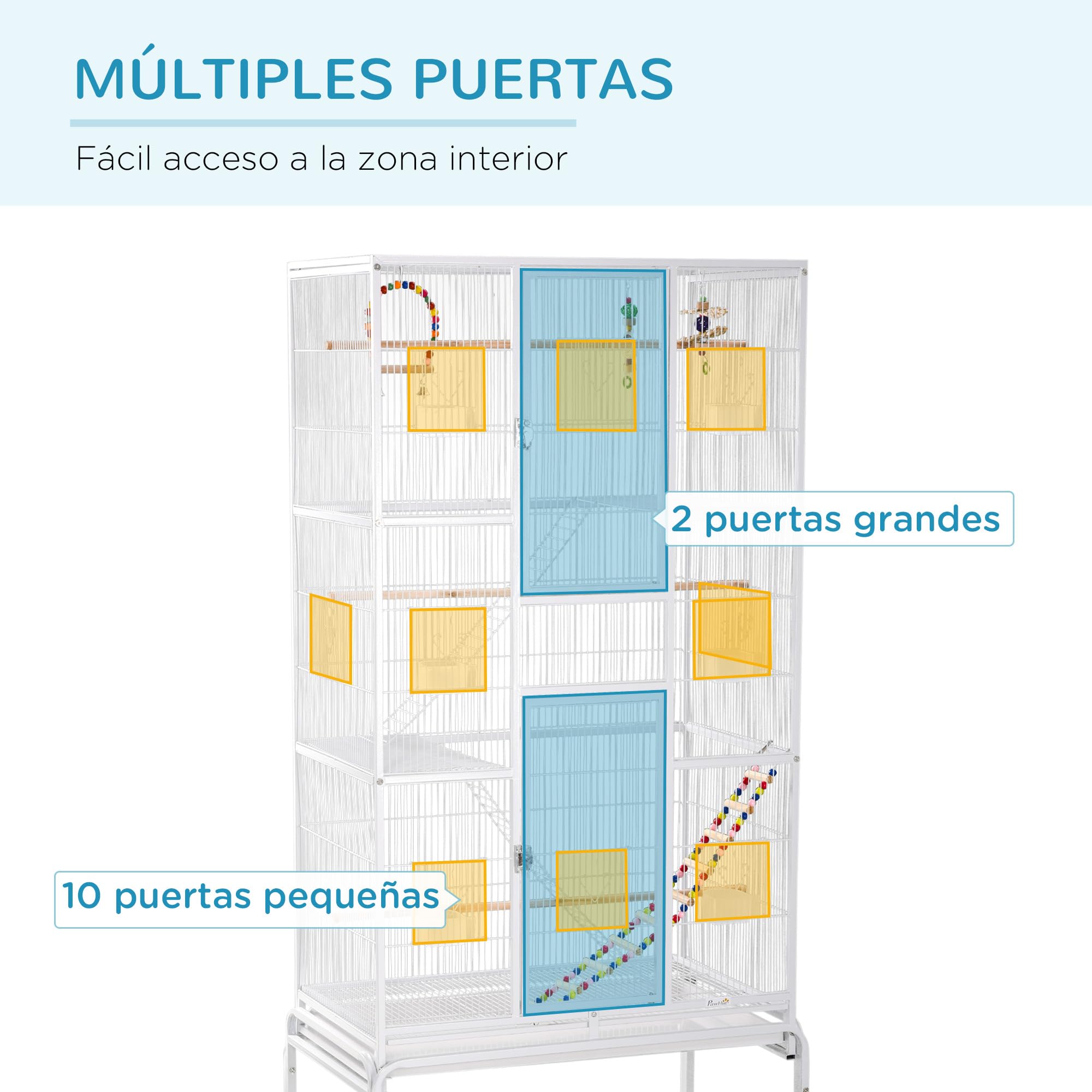 PawHut Jaula para Pájaros con Ruedas de 3 Niveles 83x53x180 cm Blanco | Pajarera Metálica, 3 Perchas, Comederos, Juguetes, Rampas, Estante de Almacenamiento, para Canarios Periquitos