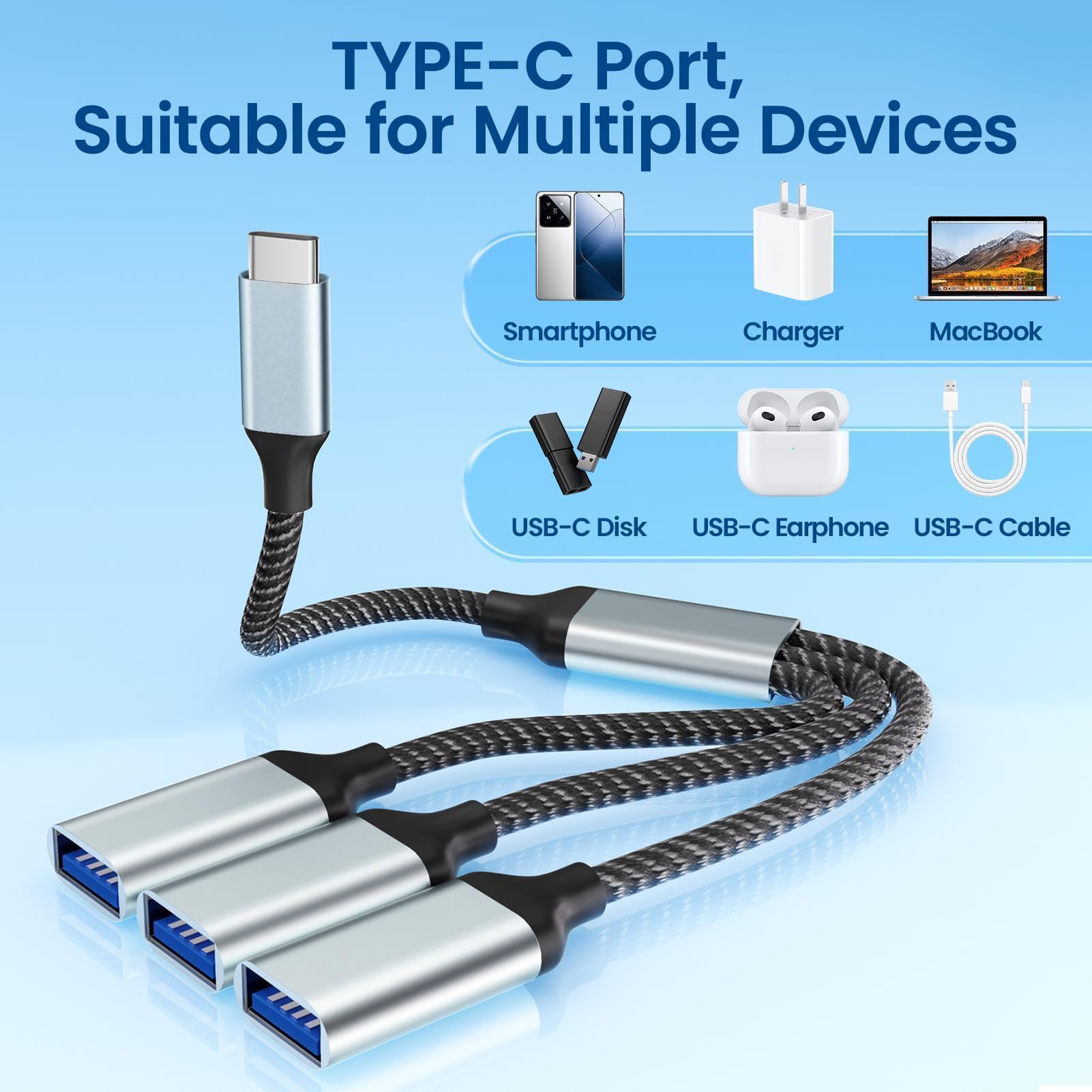 Cavo Splitter USB C OTG – 1 Maschio Type C A 3 USB A Femmina, Trasmissione Dati 2.0, Plug And Play, Per MacBook