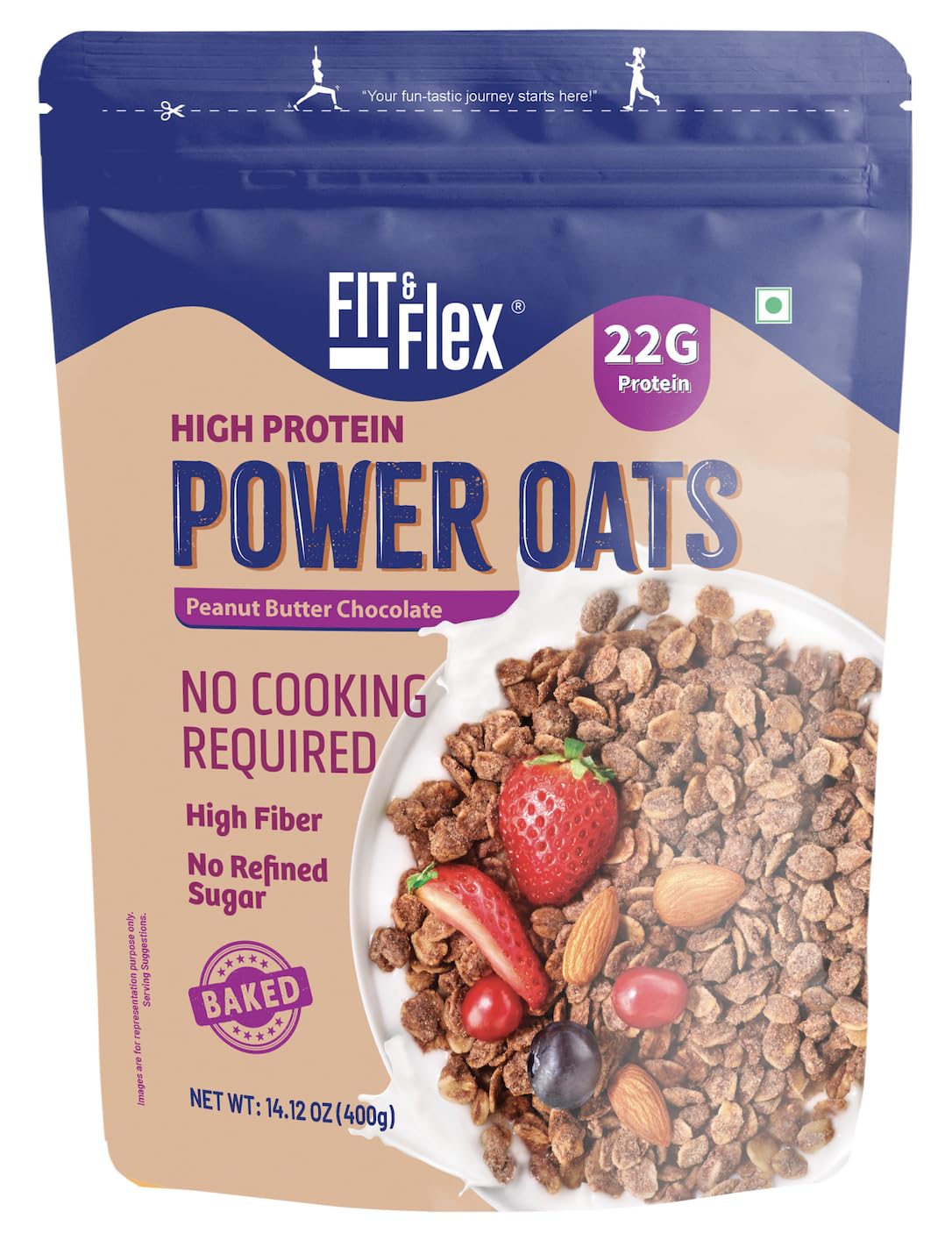FIT & FLEX High Protein Oats, Peanut Butter Chocolate, 400g, Zero Refined Sugar, Ready To Eat, Gluten Free & Preservative Free - As Seen on Shark Tank India