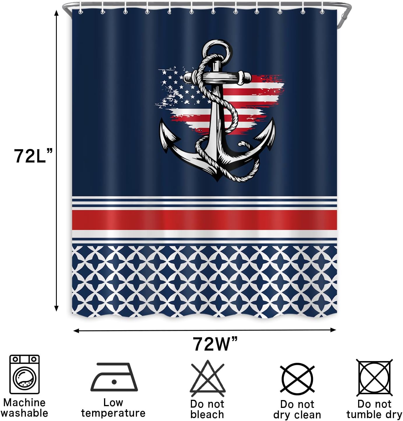 Nautical Anchor American Flag Shower Curtain, Navy Blue Strip Geometric Patriotic Bathroom Decor 72 x 72 Inch Polyester Fabric Waterproof Bath Curtain with 12 Hooks