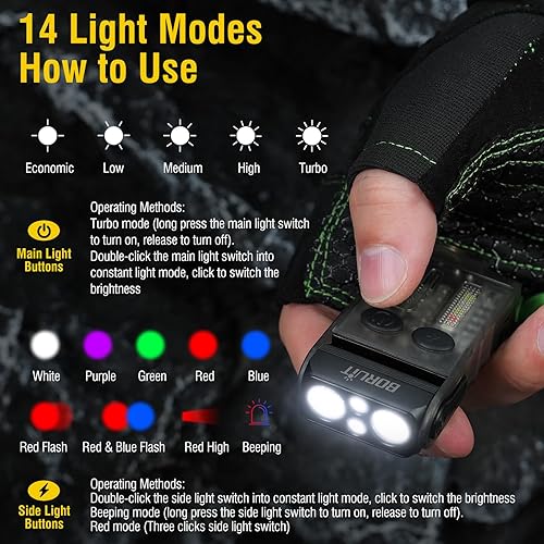 Miniatura 3 de BORUIT V20 - Linterna de bolsillo pequeña y potente, cabeza giratoria de 180 con luz lateral de mazorca y tapa de lámpara de ambiente, linterna