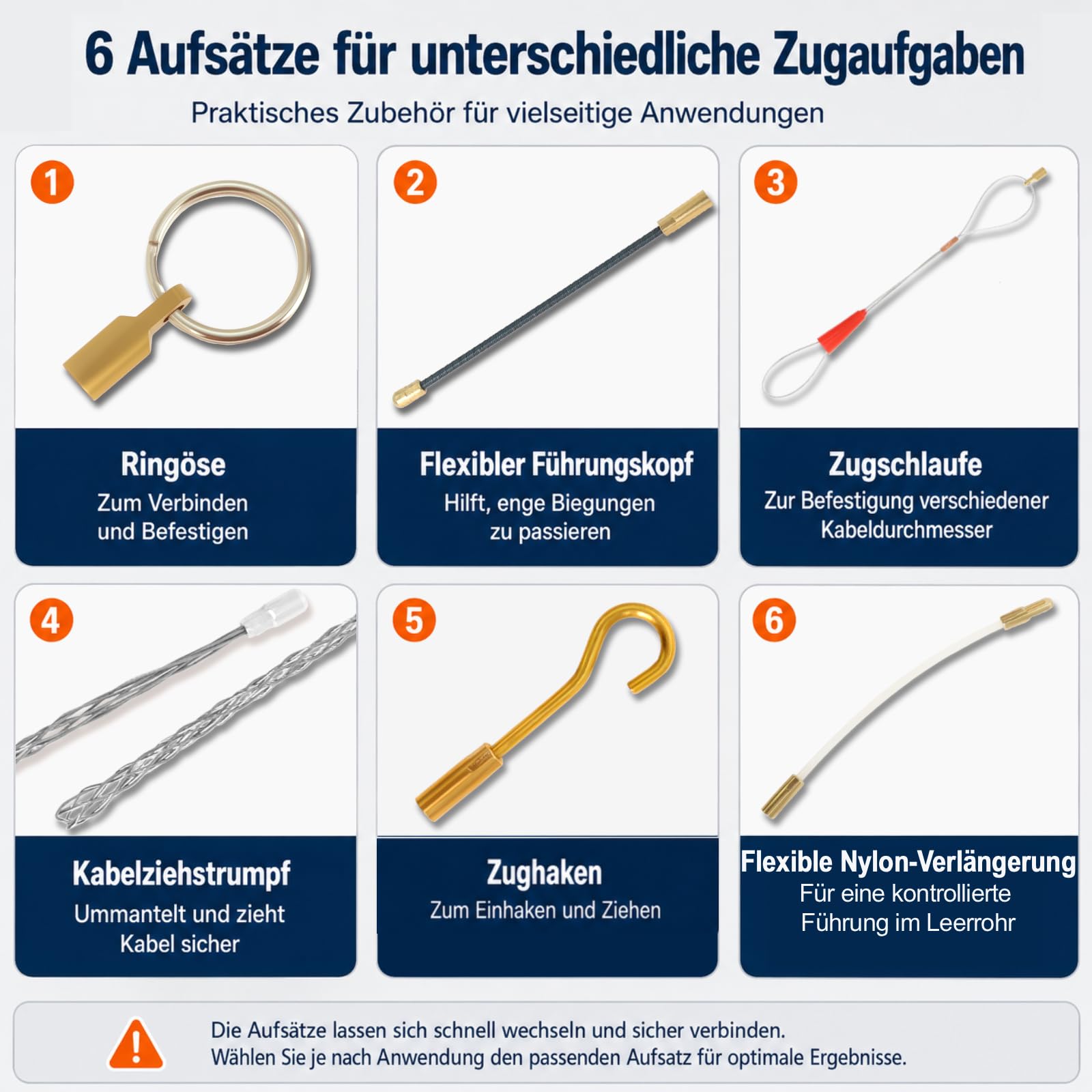 Gekufa Herramienta de extracción de cables | 30 m espiral de poliéster con cabezal de cobre y kit de accesorios de 5 piezas – para instalación eléctrica, tubos vacíos y c