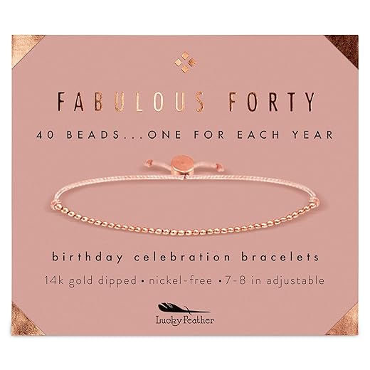 Lucky Feather 40th Birthday Gifts for Women, 14K Rose Gold Dipped Beads Bracelet on Adjustable 7"- 8" Cord - Perfect 40th Birthday Gift Ideas for Her (rose-gold-plated-base)